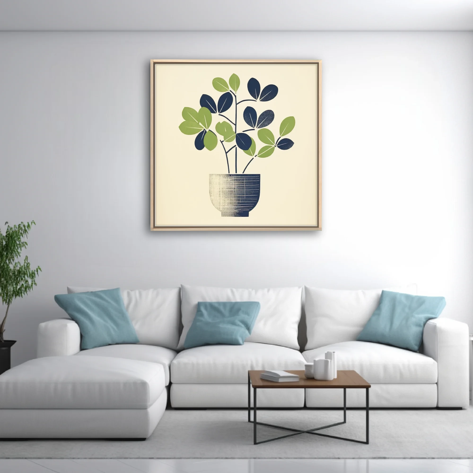 Mid-century minimalist potted plant art, navy and green linocut-style print