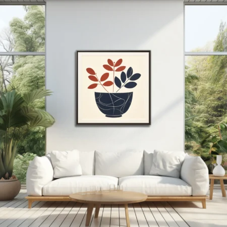 Minimalist botanical art with rust and navy leaves in a dark decorative bowl