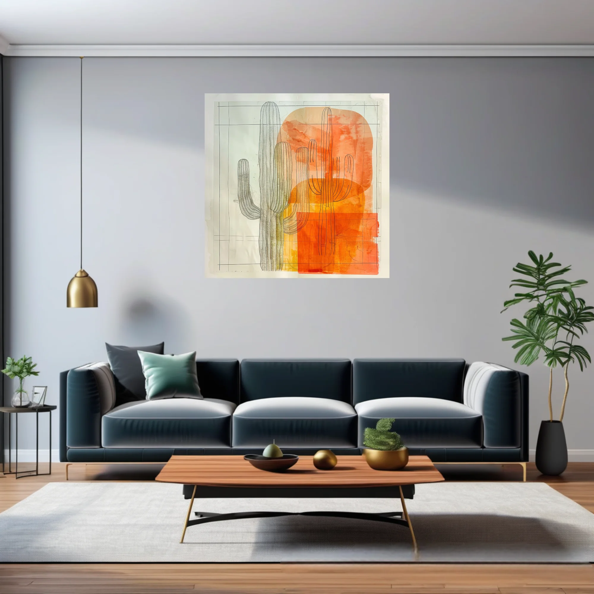 Abstract saguaro cactus art with orange watercolor washes and detailed line drawing