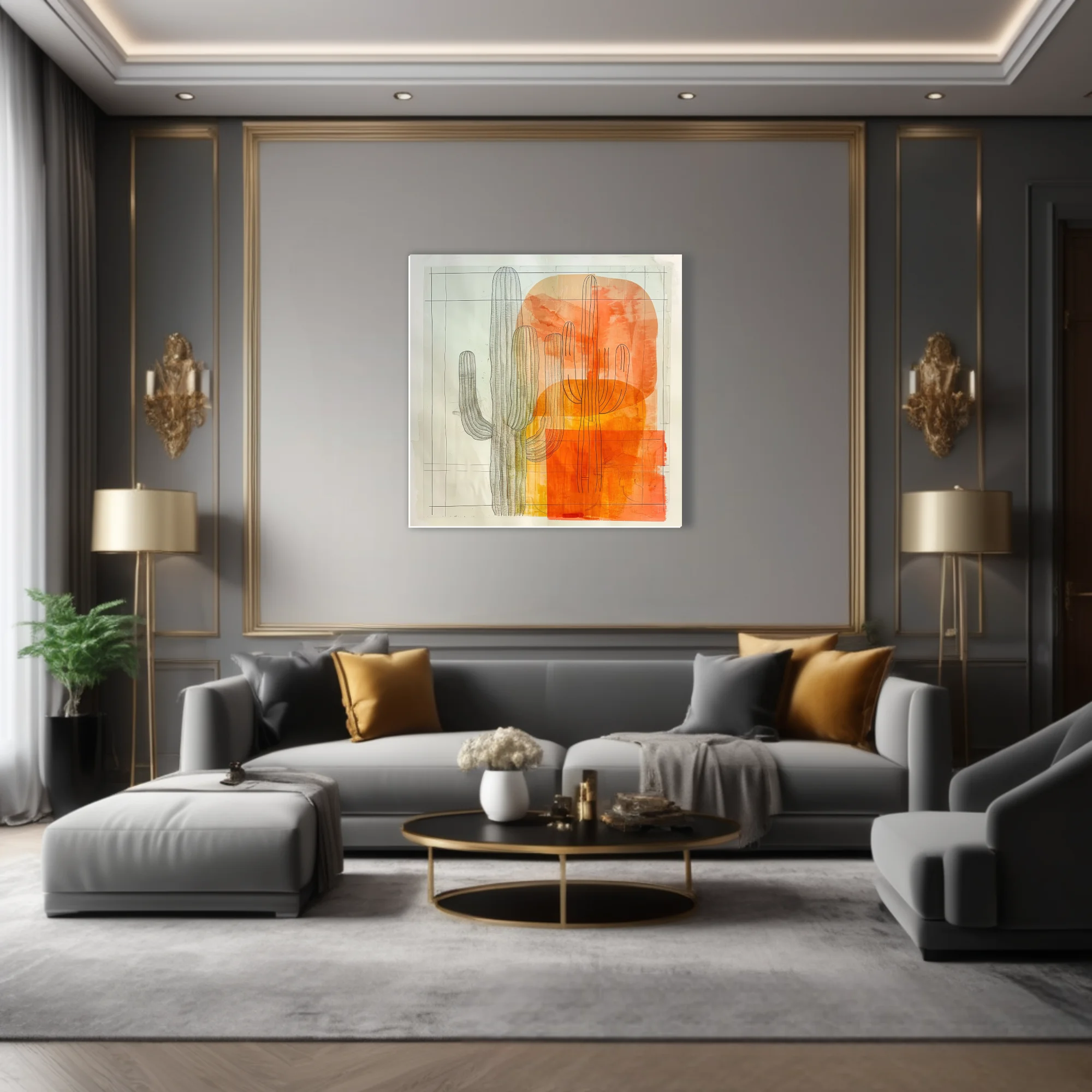 Abstract saguaro cactus art with orange watercolor washes and detailed line drawing