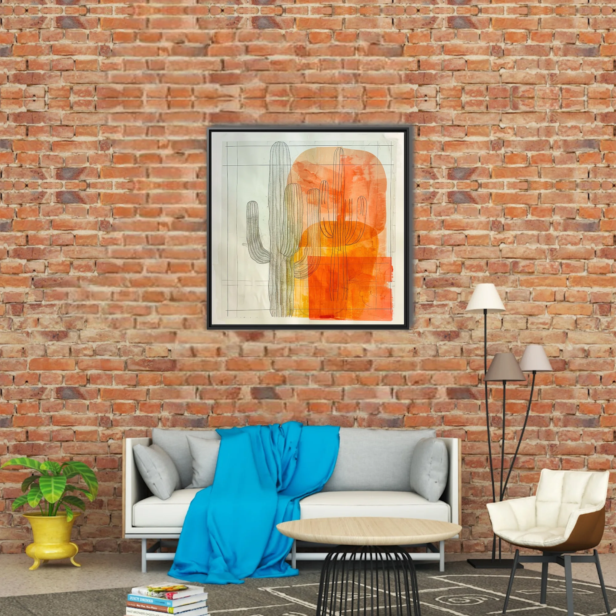 Abstract saguaro cactus art with orange watercolor washes and detailed line drawing