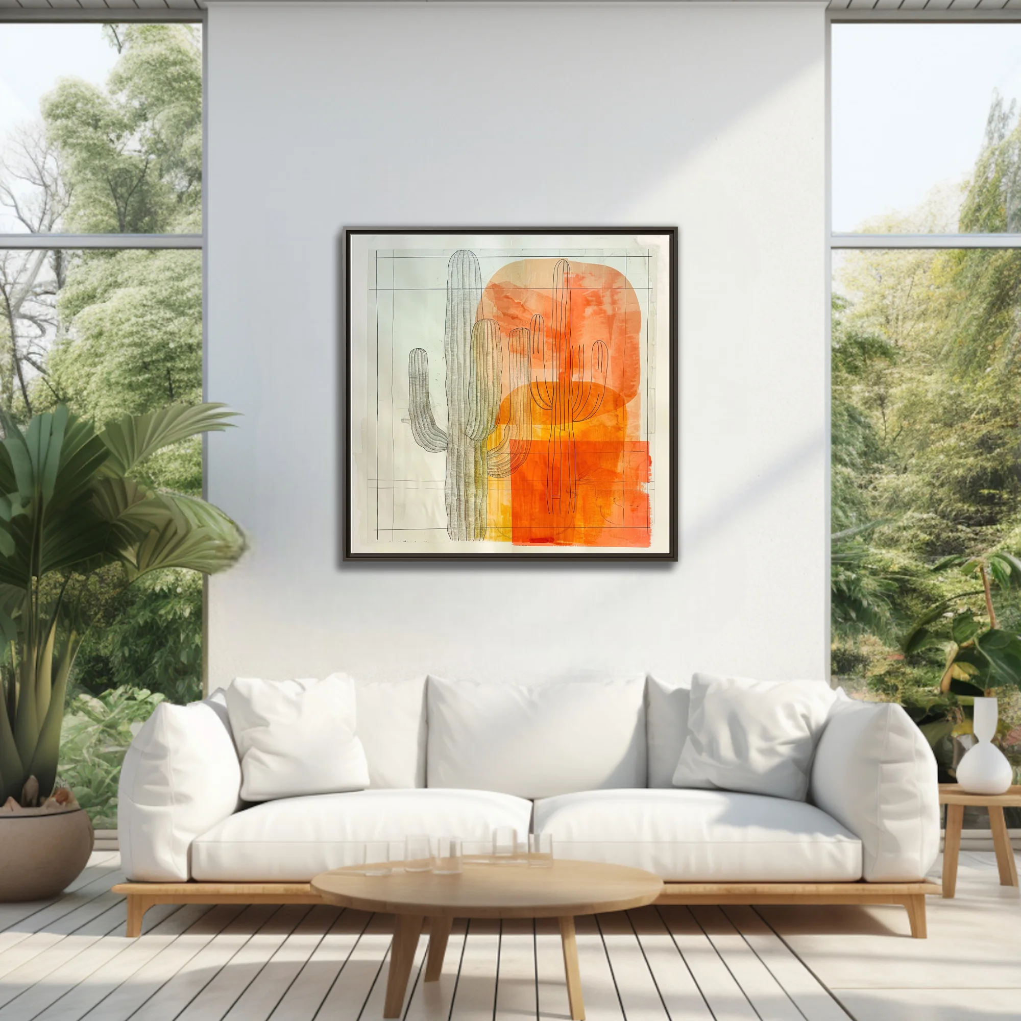 Abstract saguaro cactus art with orange watercolor washes and detailed line drawing