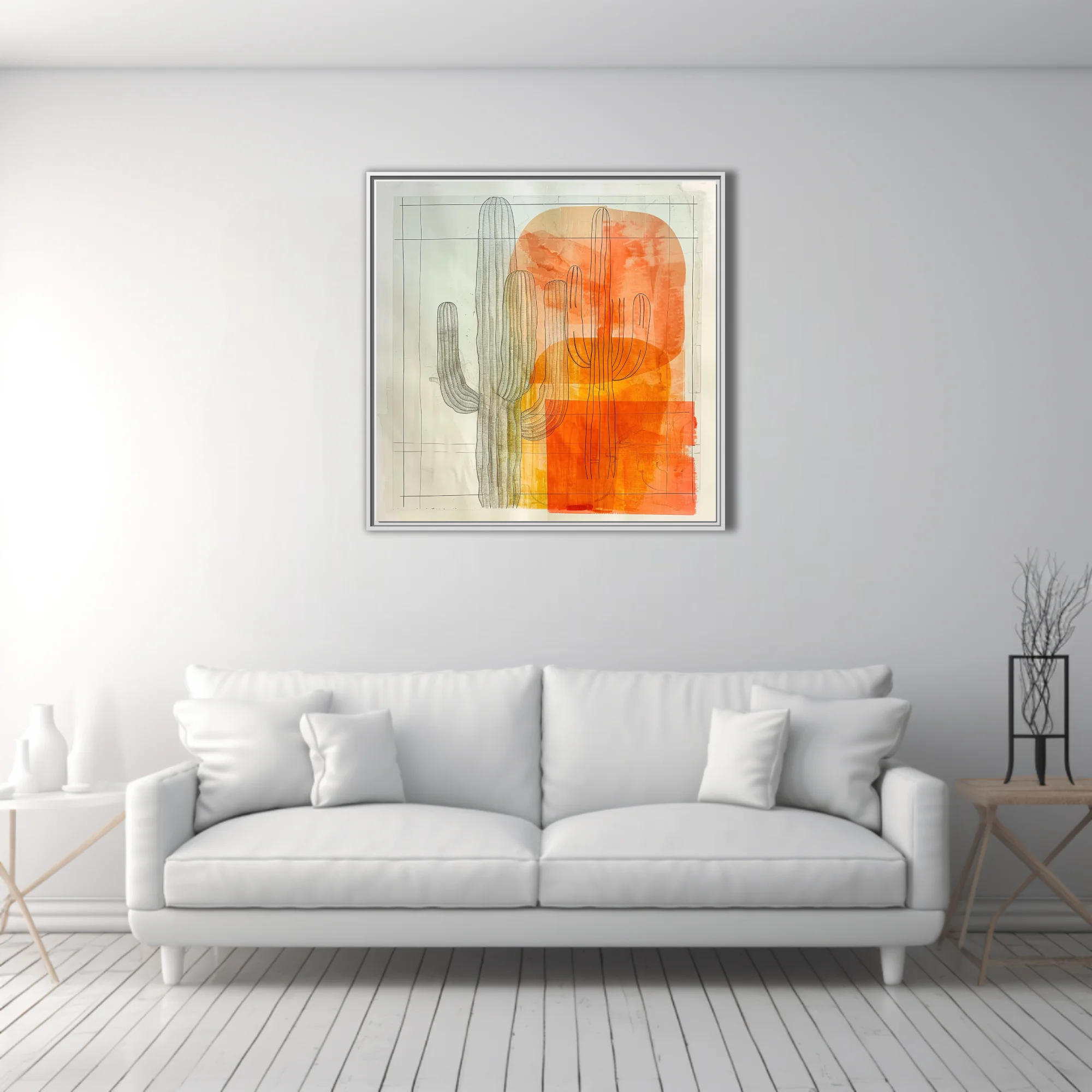 Abstract saguaro cactus art with orange watercolor washes and detailed line drawing