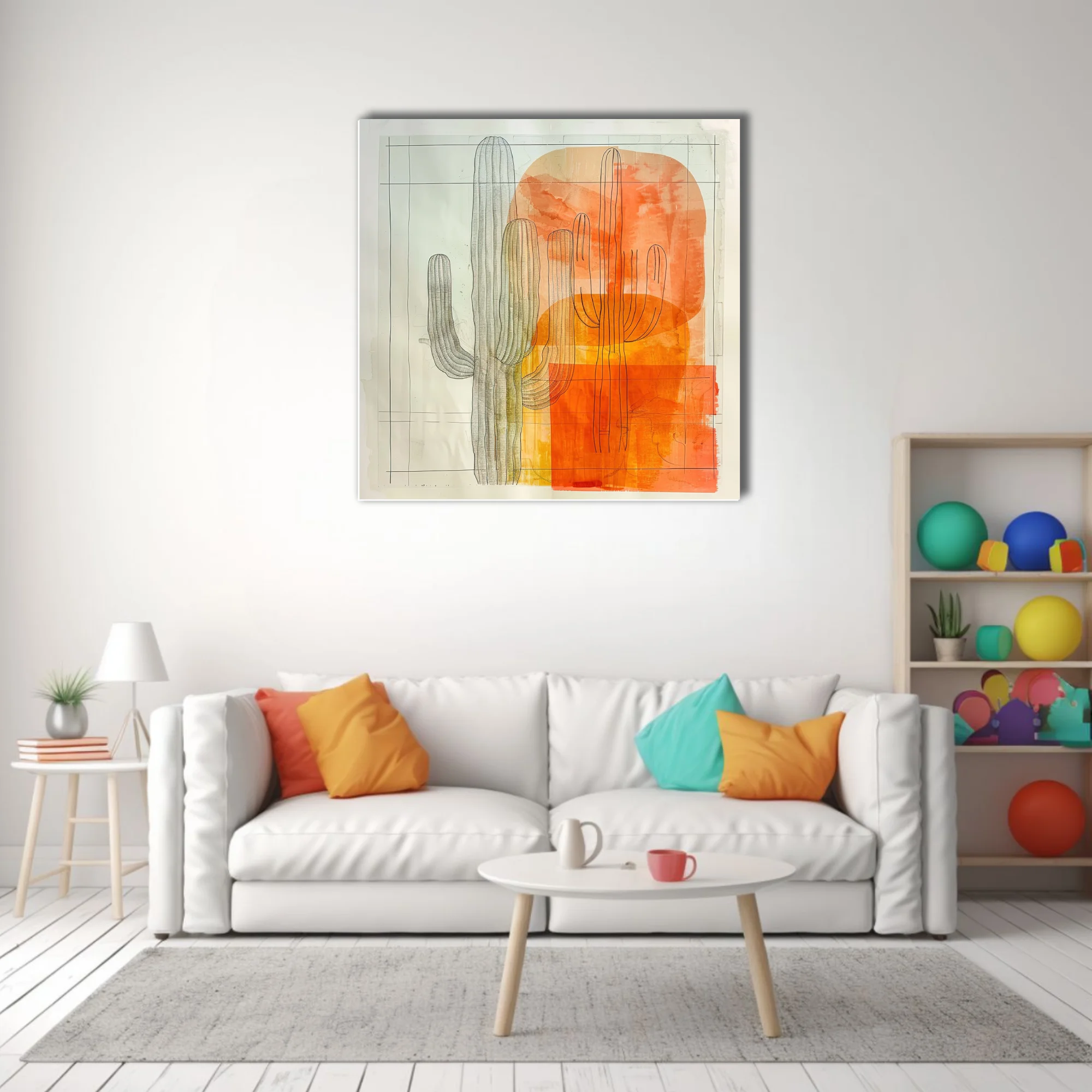 Abstract saguaro cactus art with orange watercolor washes and detailed line drawing