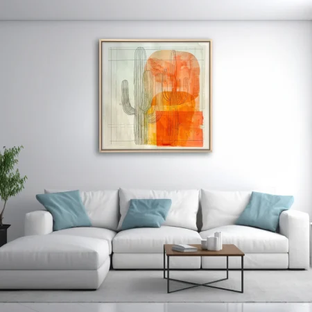 Abstract saguaro cactus art with orange watercolor washes and detailed line drawing