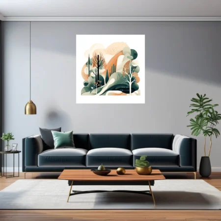 Abstract woodland illustration in sage green, terracotta and cream with layered trees and deer