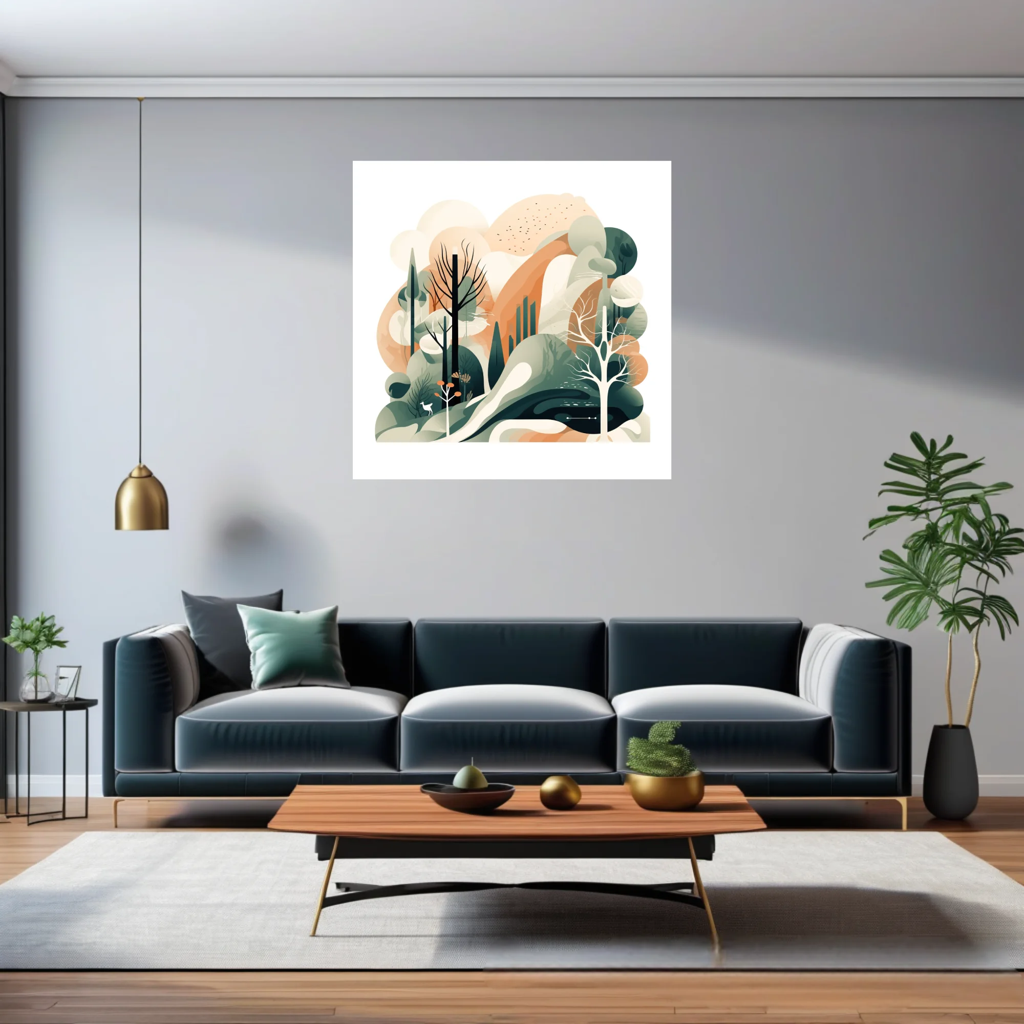 Abstract woodland illustration in sage green, terracotta and cream with layered trees and deer