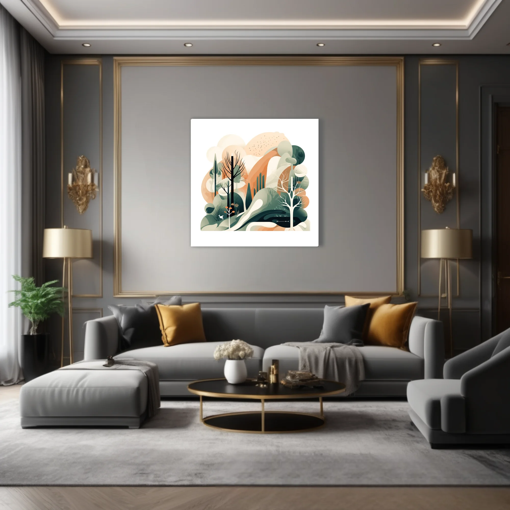 Abstract woodland illustration in sage green, terracotta and cream with layered trees and deer