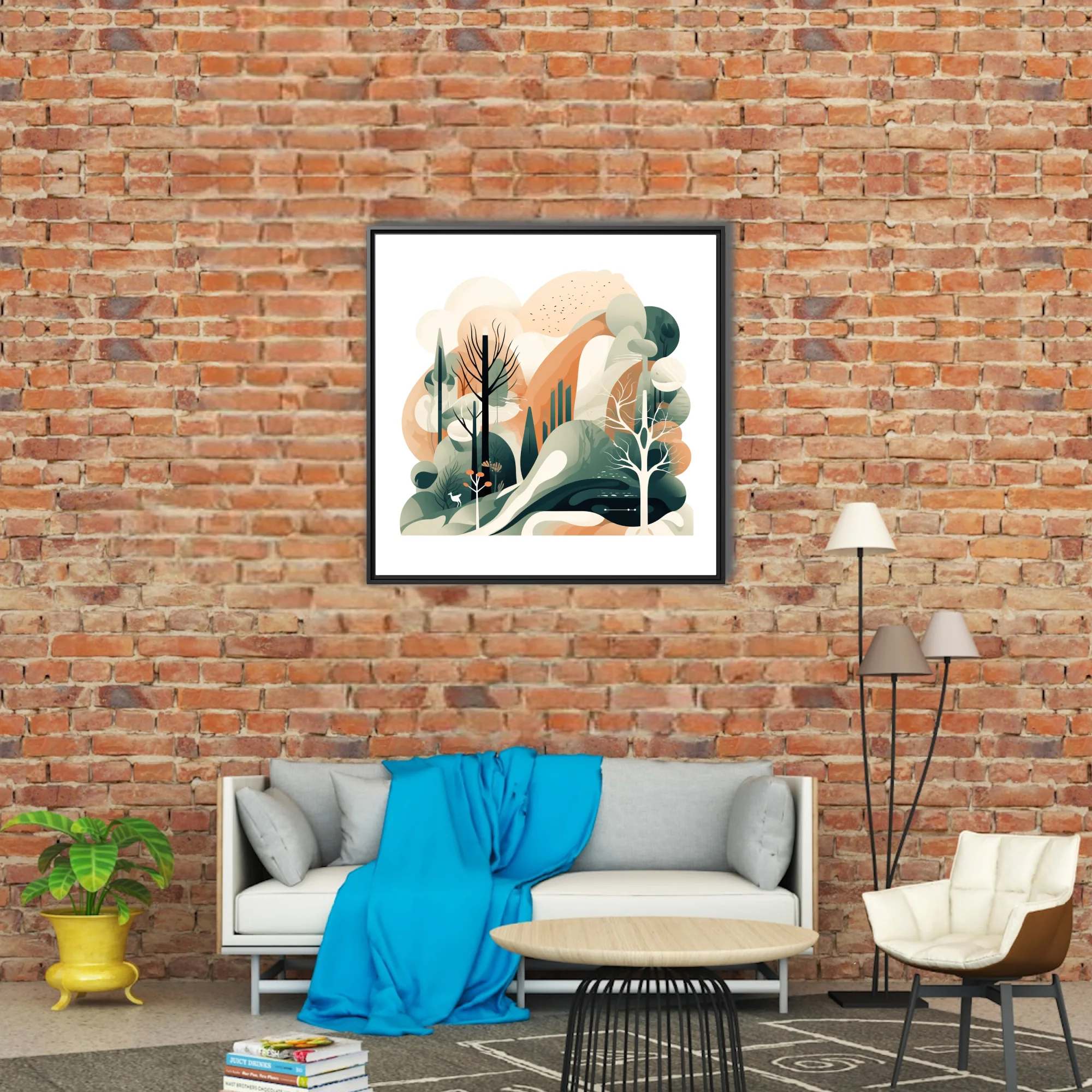 Abstract woodland illustration in sage green, terracotta and cream with layered trees and deer