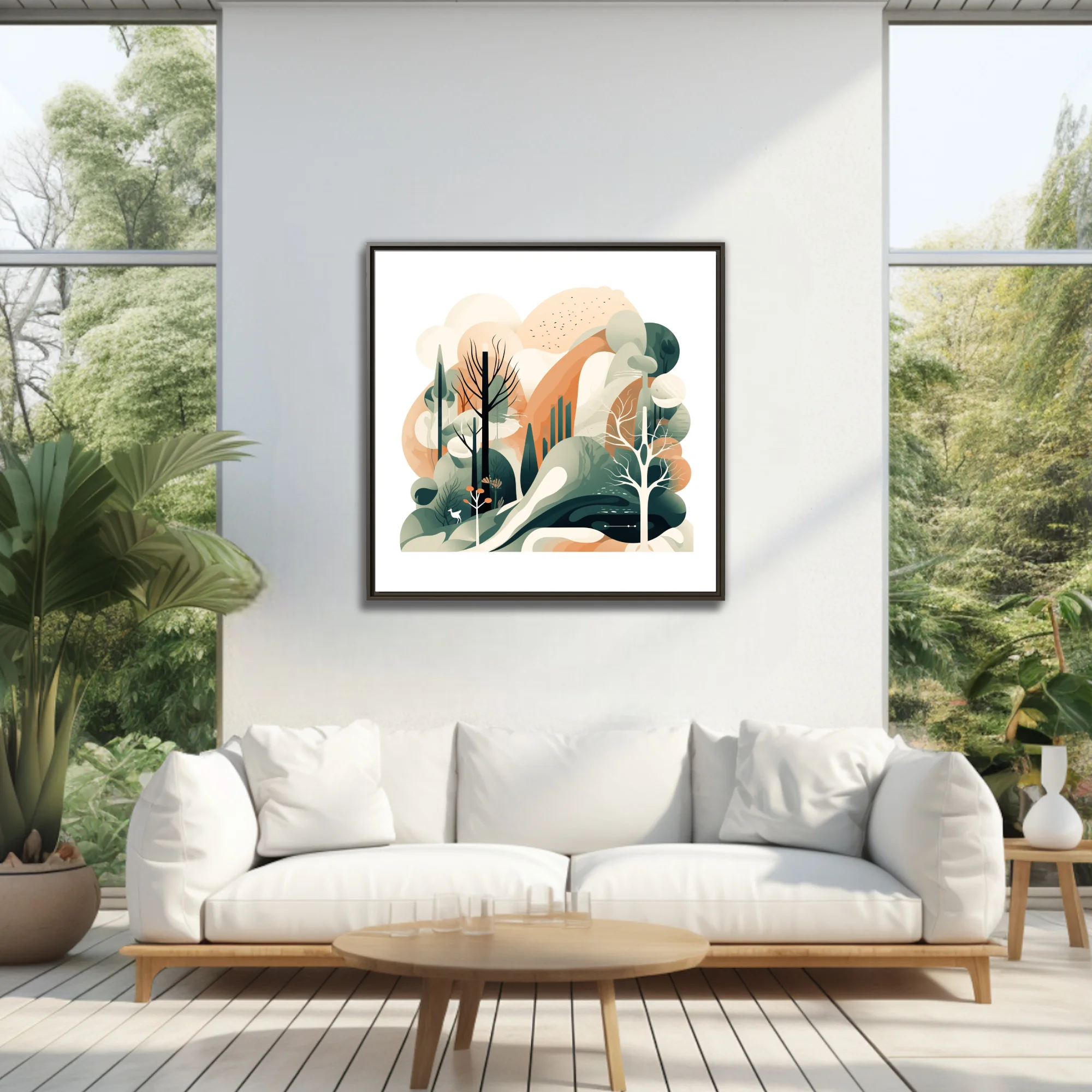 Abstract woodland illustration in sage green, terracotta and cream with layered trees and deer