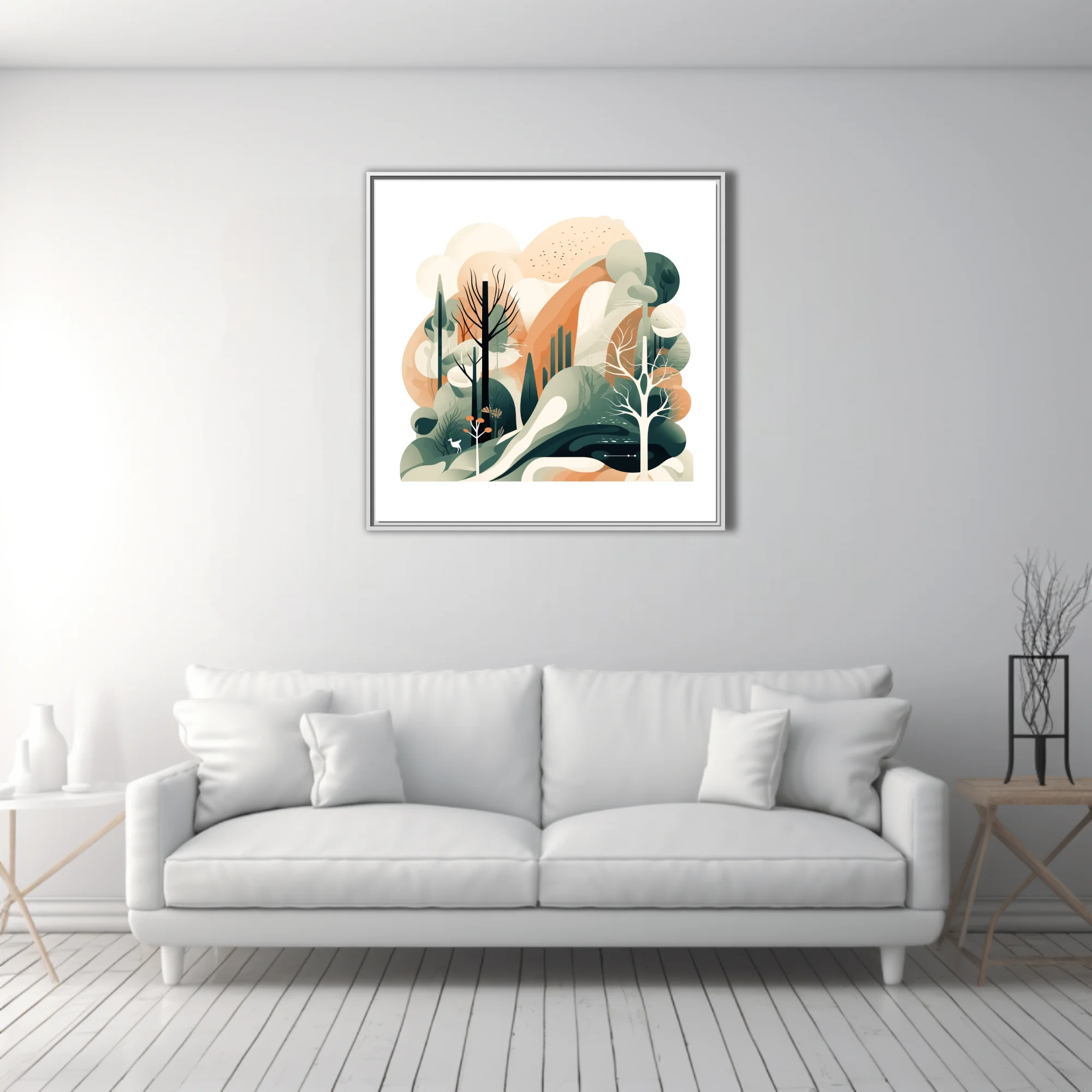 Abstract woodland illustration in sage green, terracotta and cream with layered trees and deer