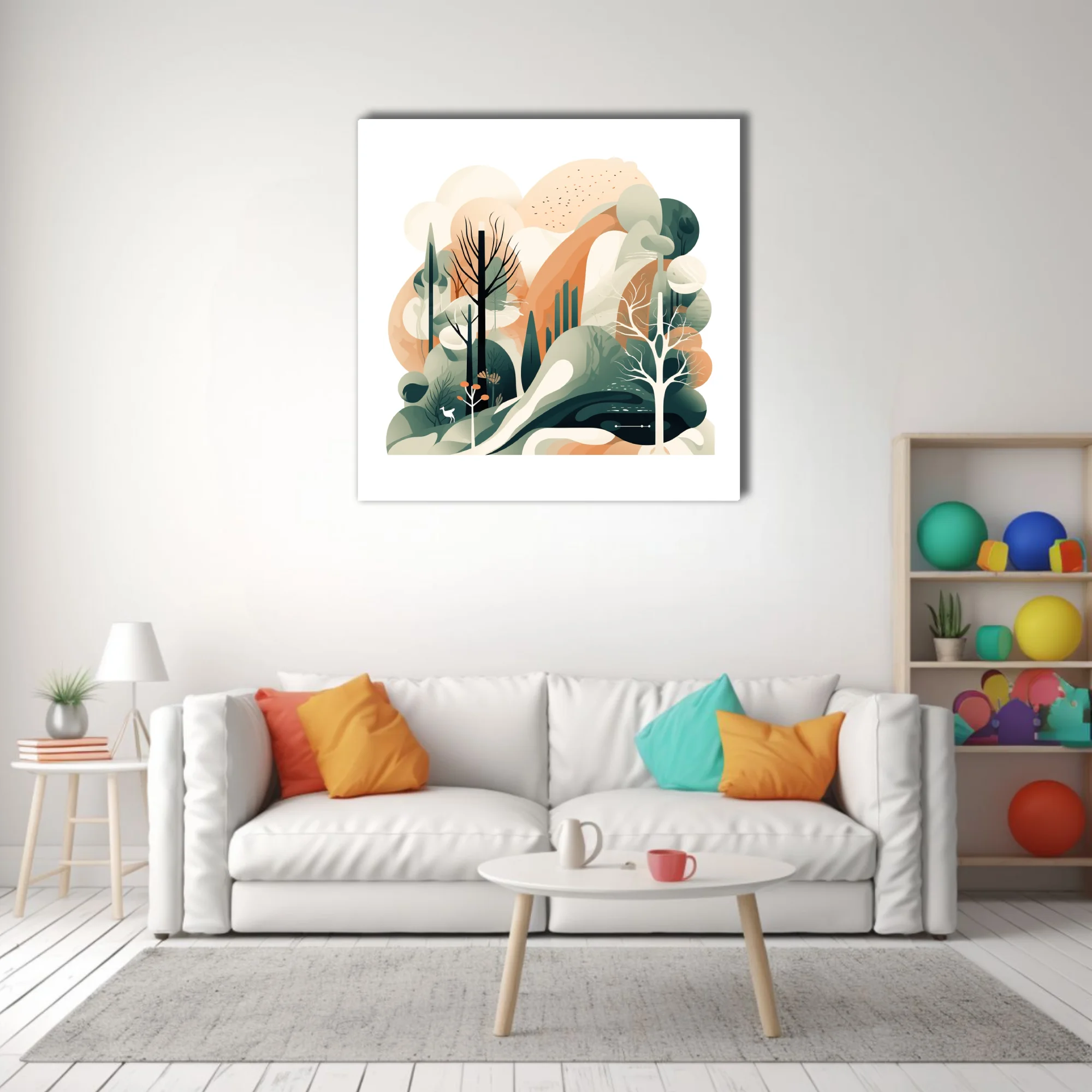 Abstract woodland illustration in sage green, terracotta and cream with layered trees and deer