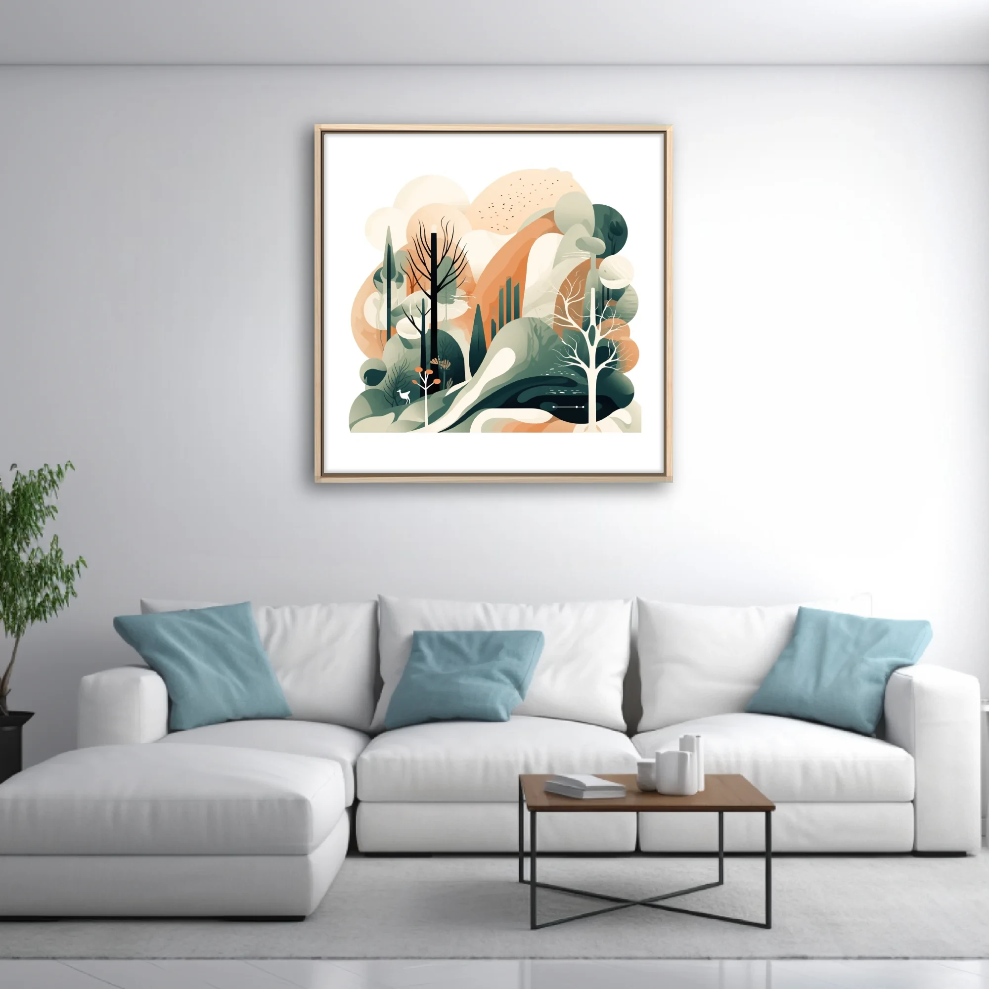 Abstract woodland illustration in sage green, terracotta and cream with layered trees and deer
