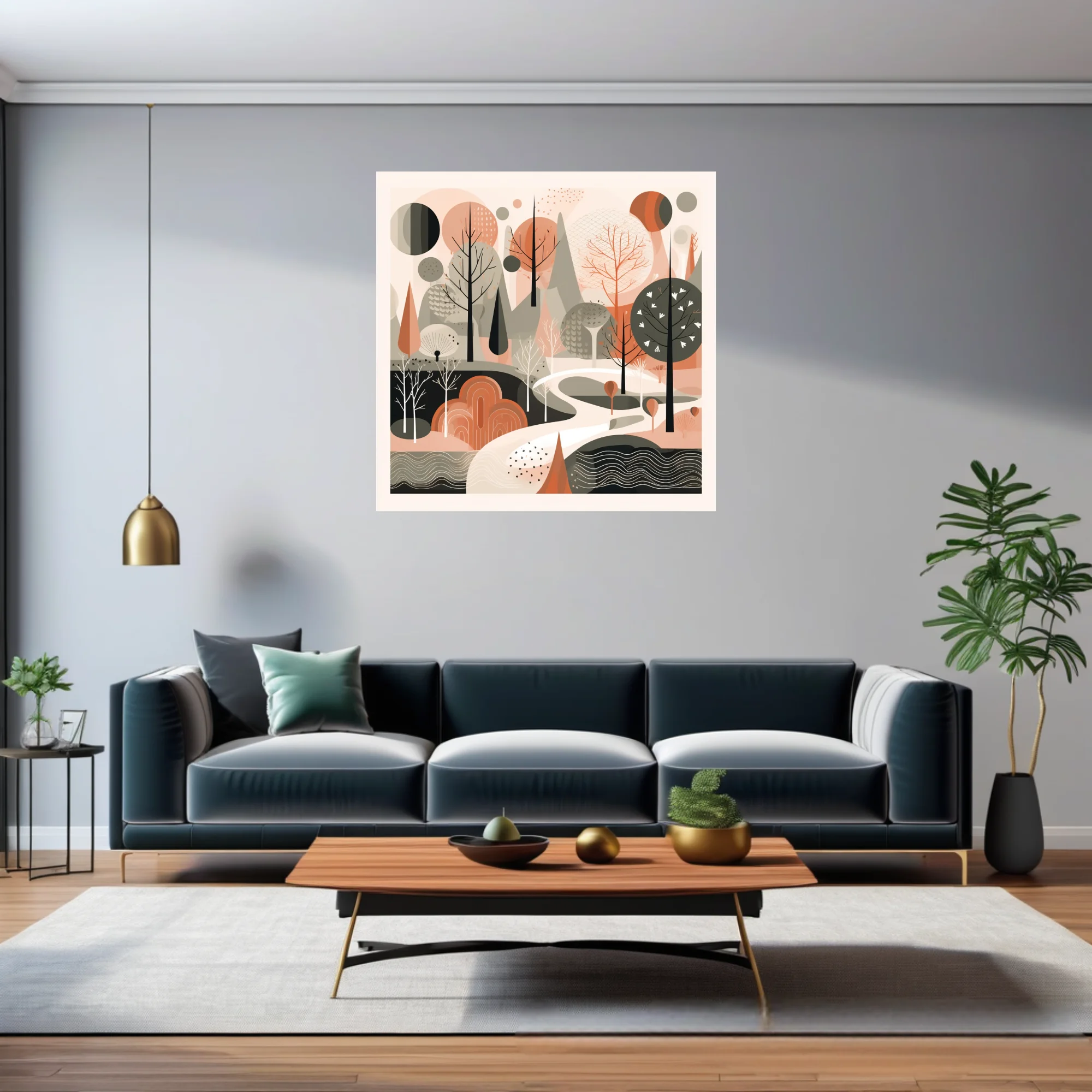 Mid-century modern abstract woodland illustration in terracotta, sage, and blush tones