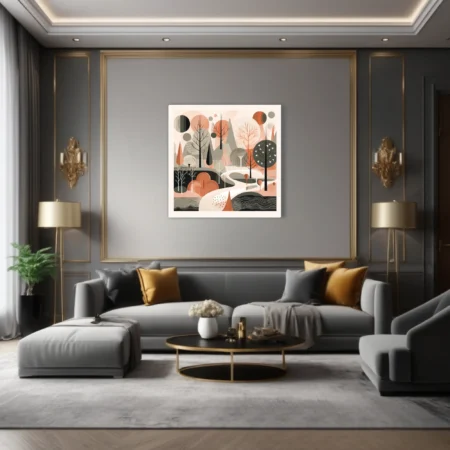 Mid-century modern abstract woodland illustration in terracotta, sage, and blush tones