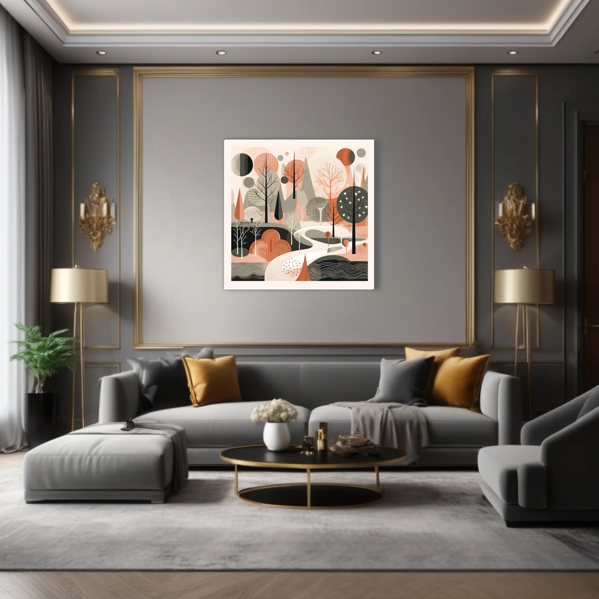 Mid-century modern abstract woodland illustration in terracotta, sage, and blush tones