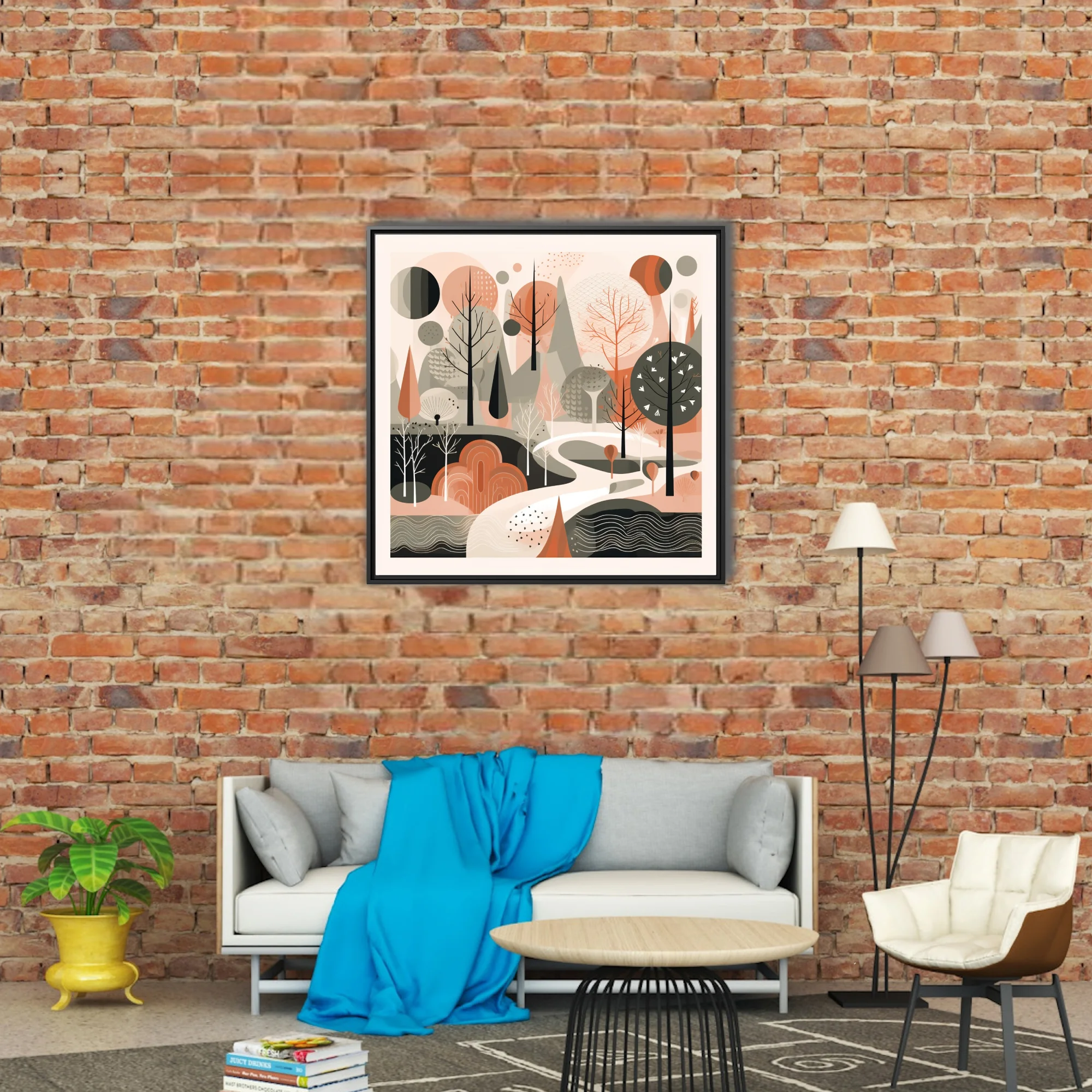 Mid-century modern abstract woodland illustration in terracotta, sage, and blush tones