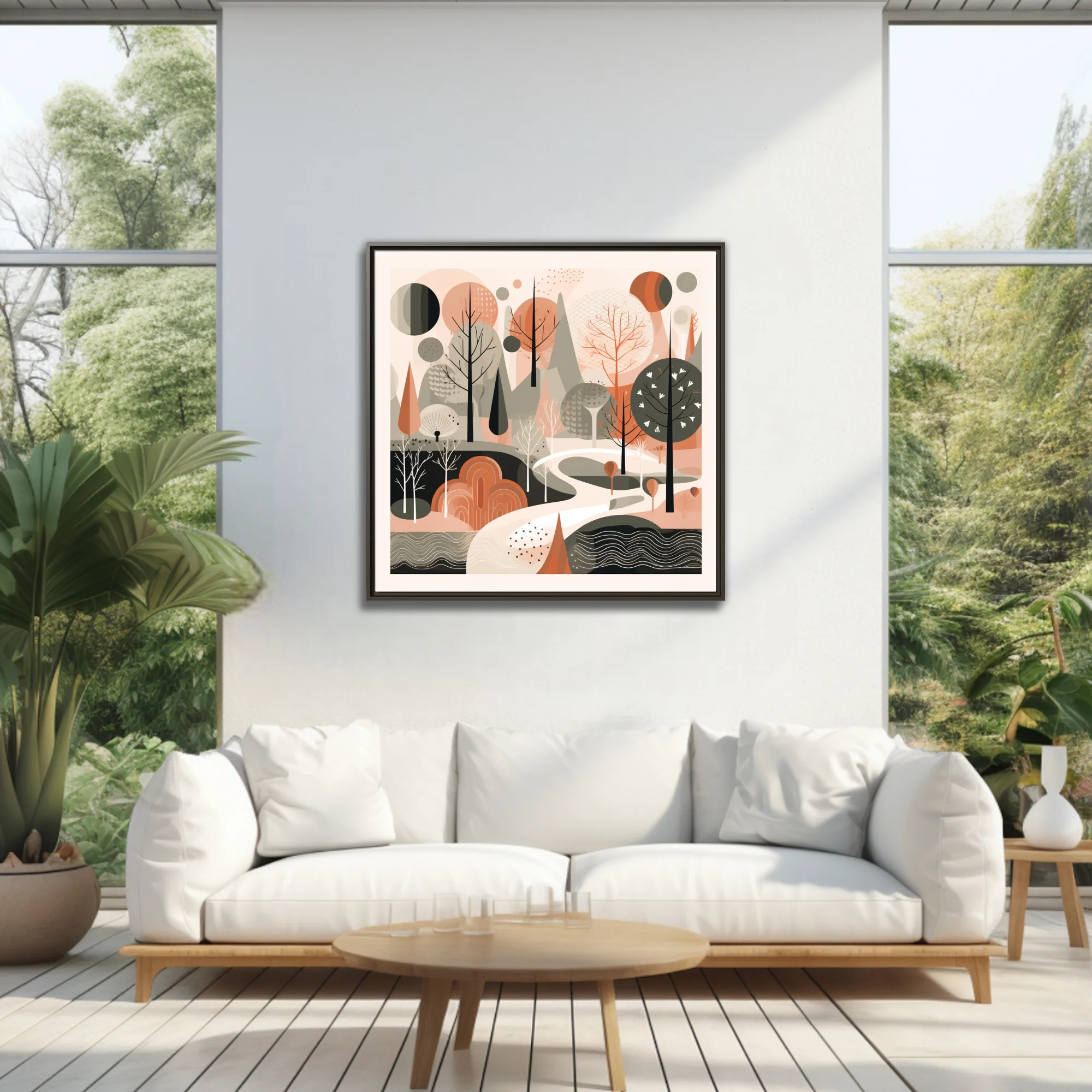 Mid-century modern abstract woodland illustration in terracotta, sage, and blush tones