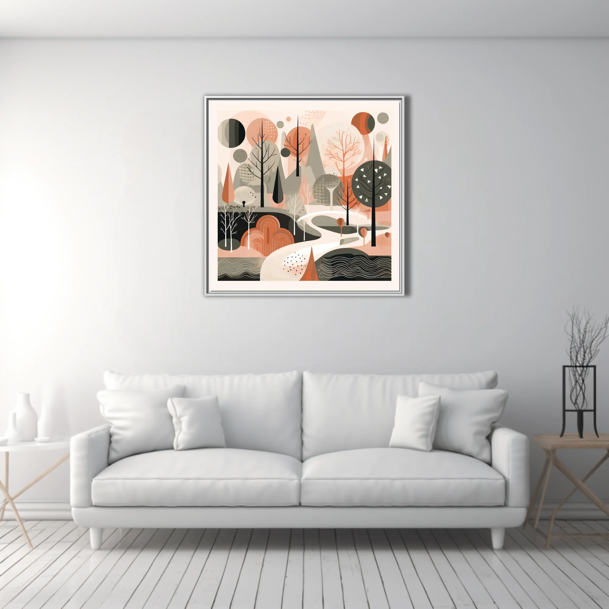 Mid-century modern abstract woodland illustration in terracotta, sage, and blush tones