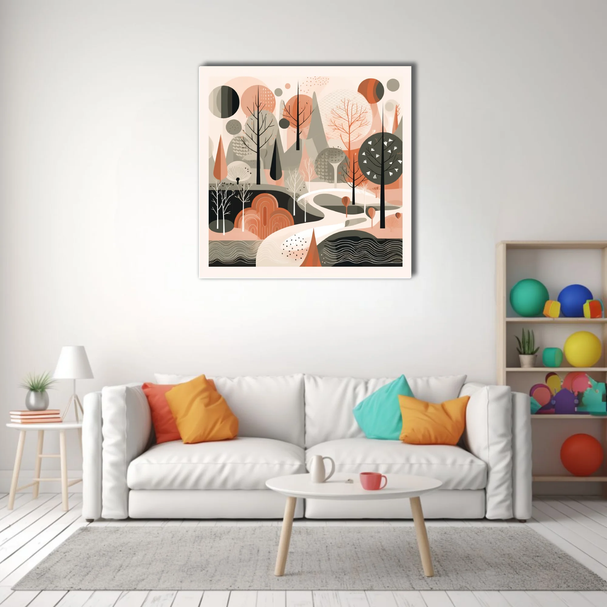 Mid-century modern abstract woodland illustration in terracotta, sage, and blush tones