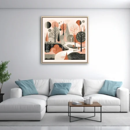 Mid-century modern abstract woodland illustration in terracotta, sage, and blush tones