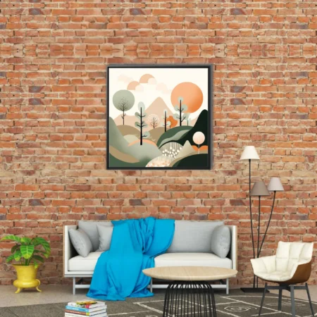Minimalist woodland landscape illustration in sage green, terracotta and blush tones