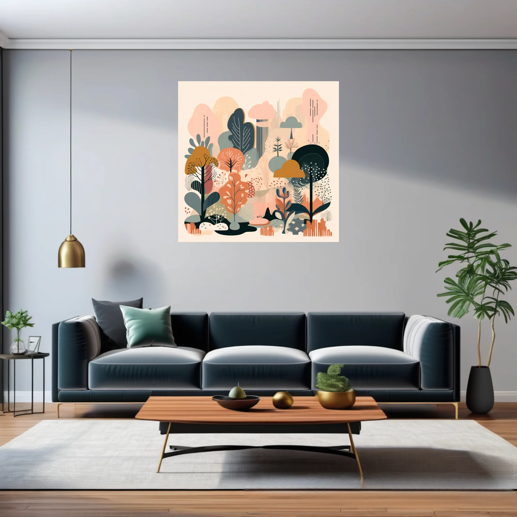 Scandinavian flat-style abstract woodland botanical in coral, teal, and ochre tones
