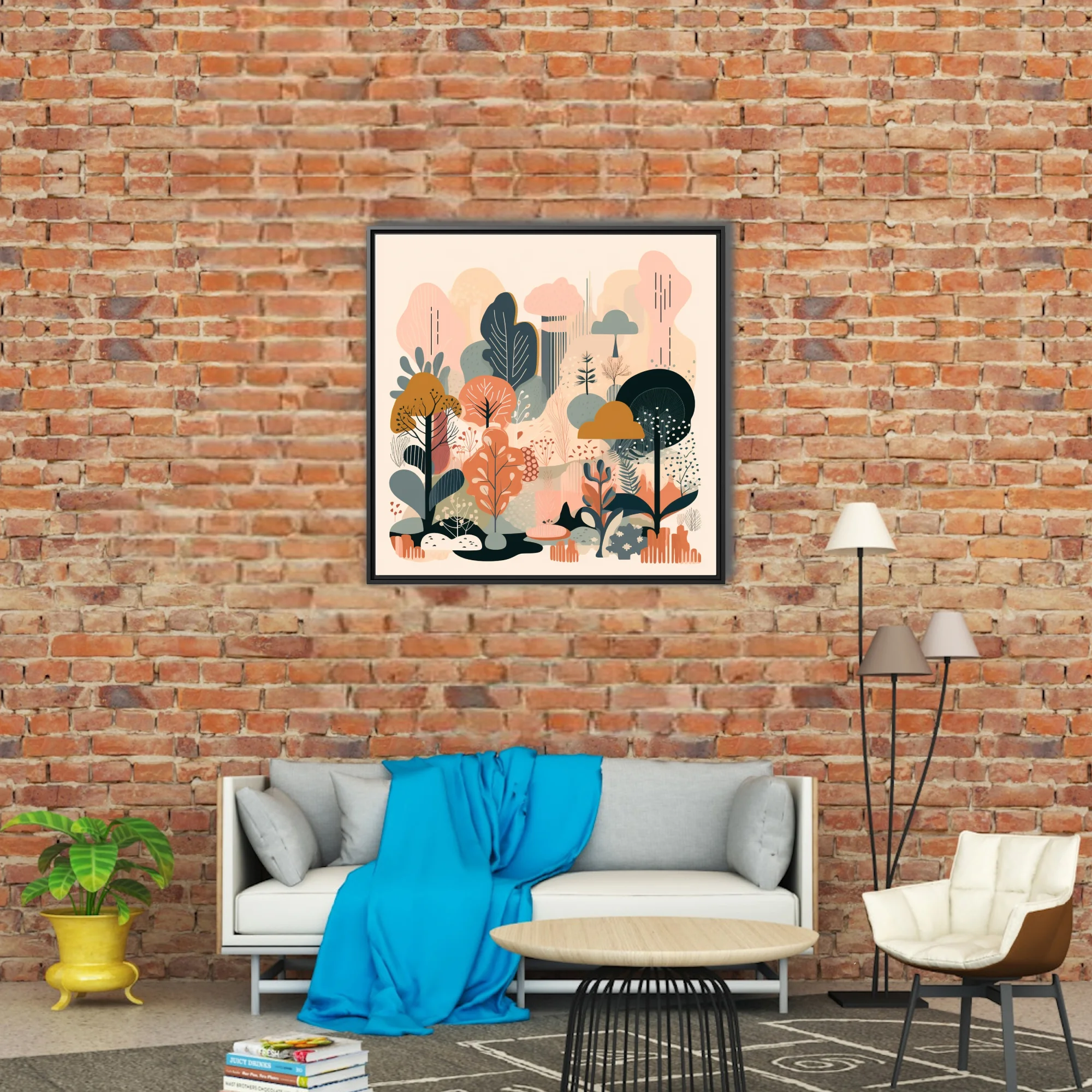 Scandinavian flat-style abstract woodland botanical in coral, teal, and ochre tones