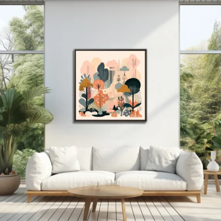Scandinavian flat-style abstract woodland botanical in coral, teal, and ochre tones