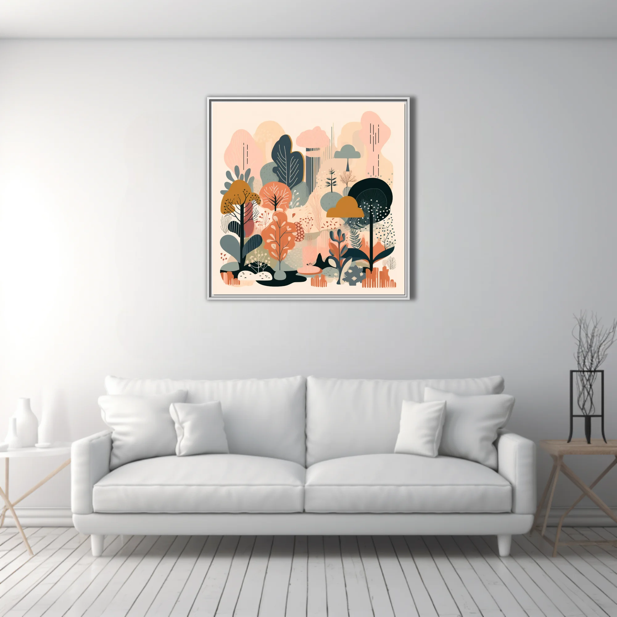 Scandinavian flat-style abstract woodland botanical in coral, teal, and ochre tones