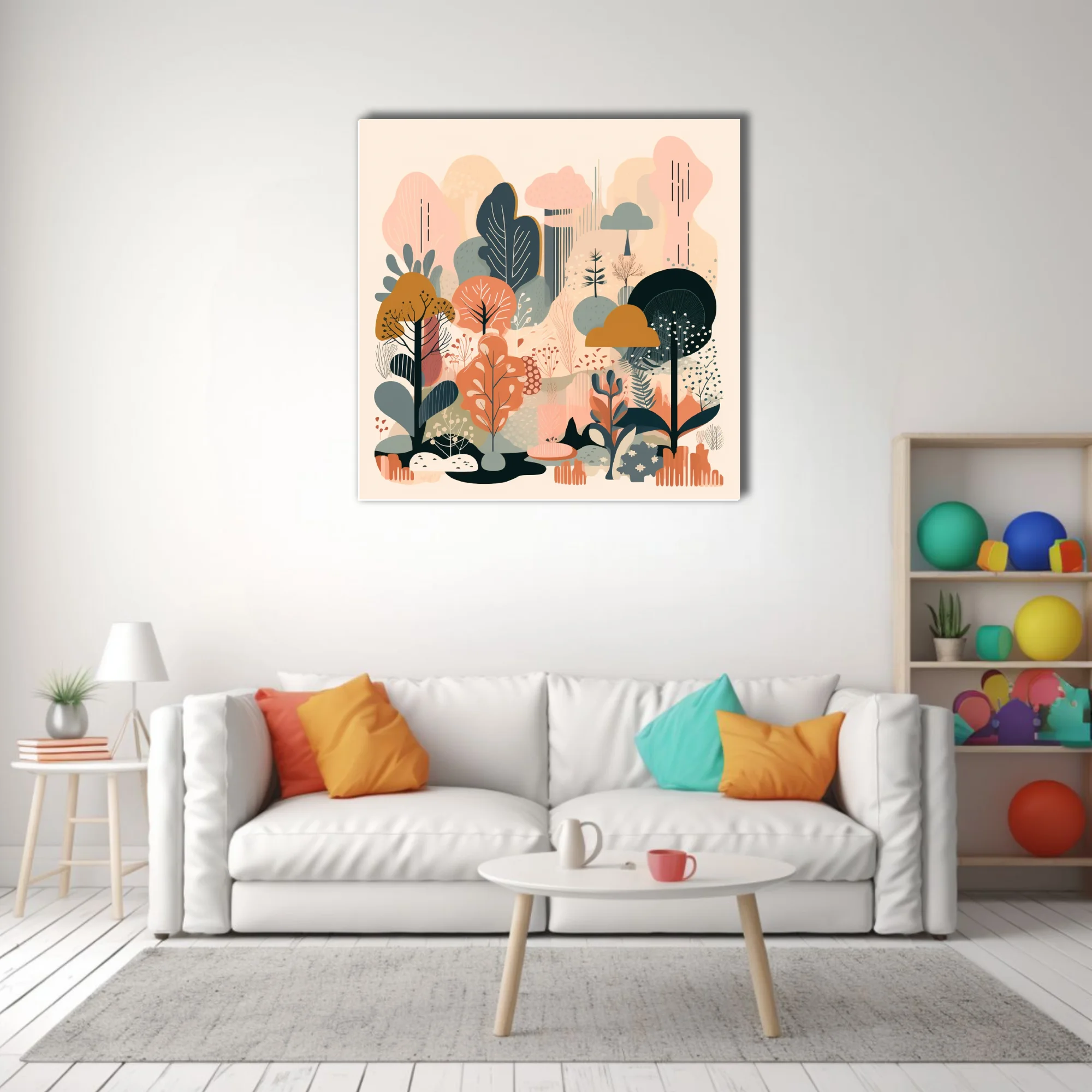 Scandinavian flat-style abstract woodland botanical in coral, teal, and ochre tones