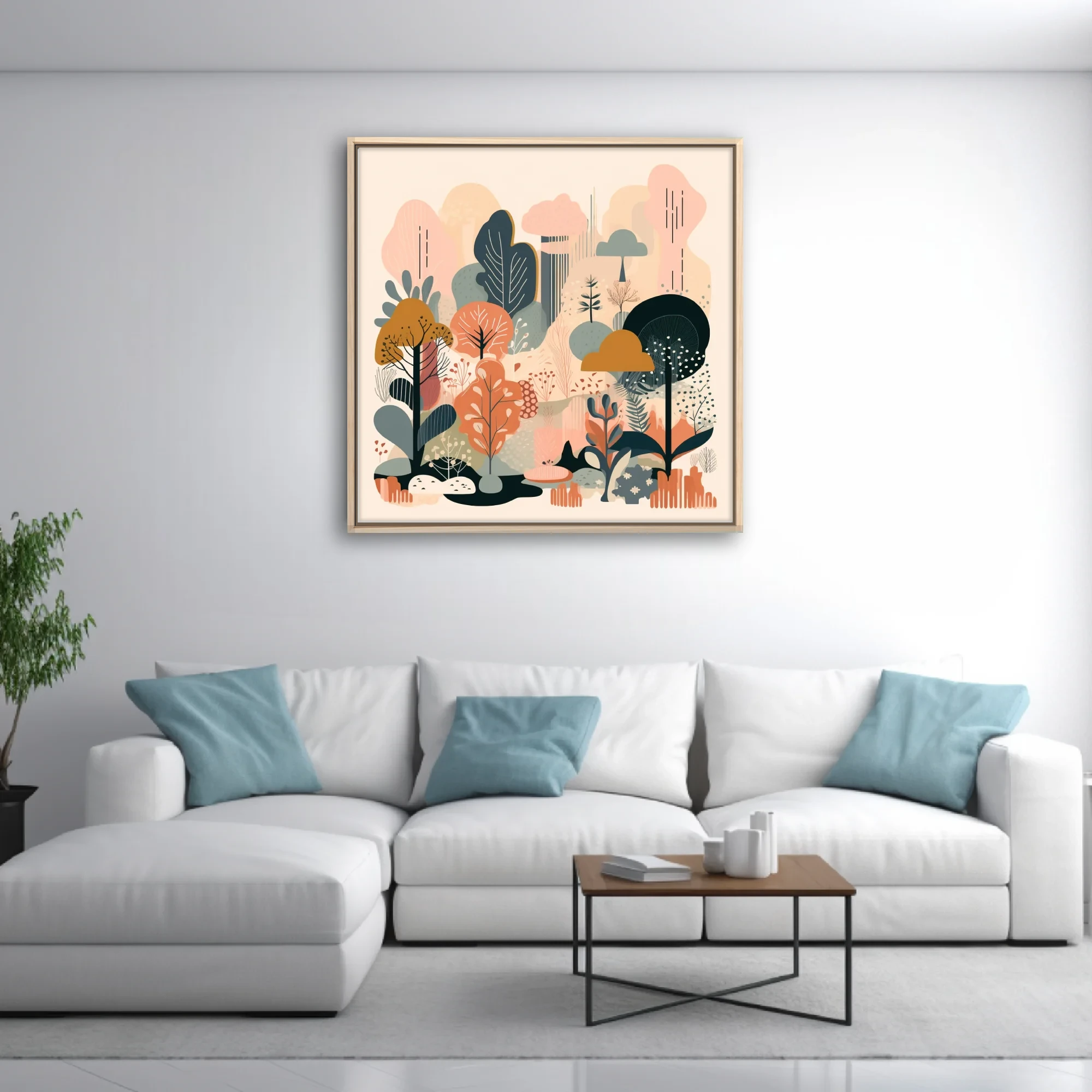 Scandinavian flat-style abstract woodland botanical in coral, teal, and ochre tones
