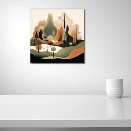 Boho abstract woodland landscape, earthy terracotta and sage tones, flat graphic style