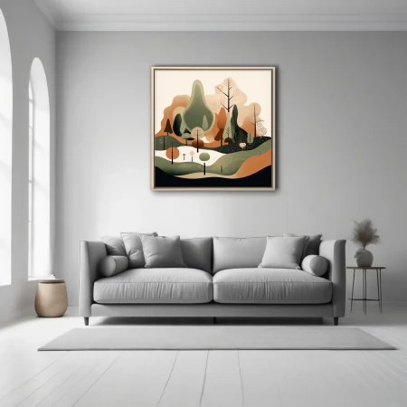 Boho abstract woodland landscape, earthy terracotta and sage tones, flat graphic style