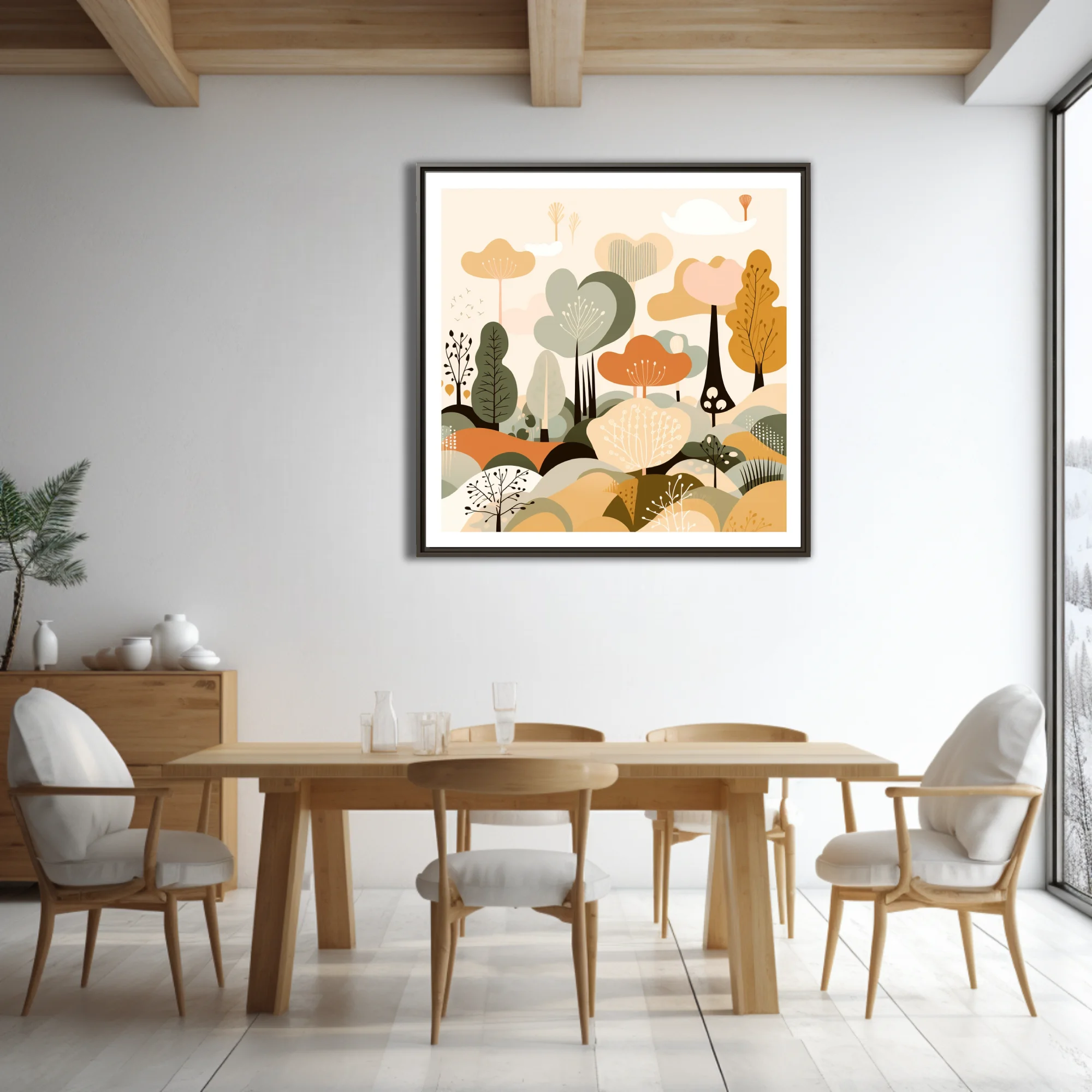 Boho abstract woodland illustration in sage, ochre, and terracotta tones