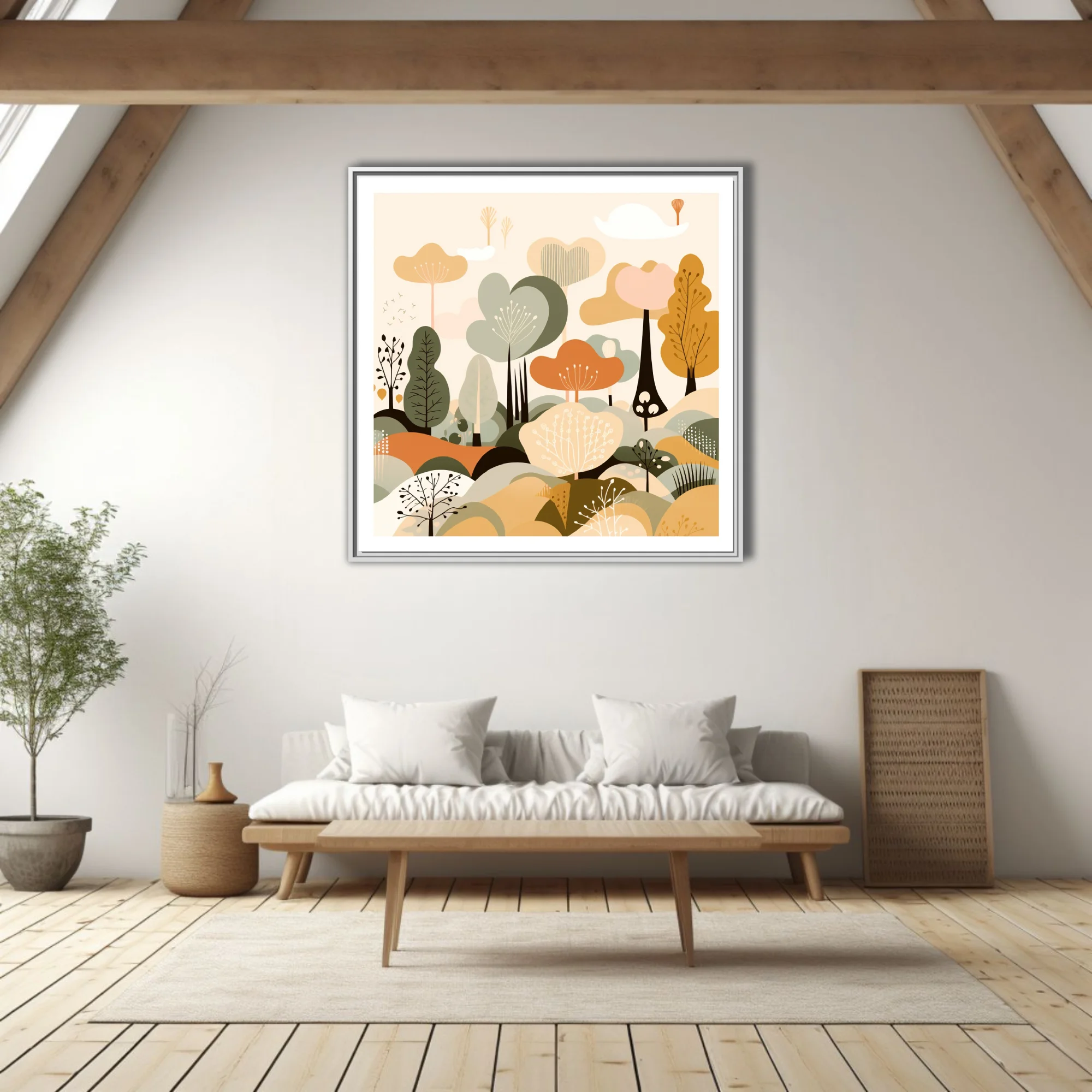 Boho abstract woodland illustration in sage, ochre, and terracotta tones