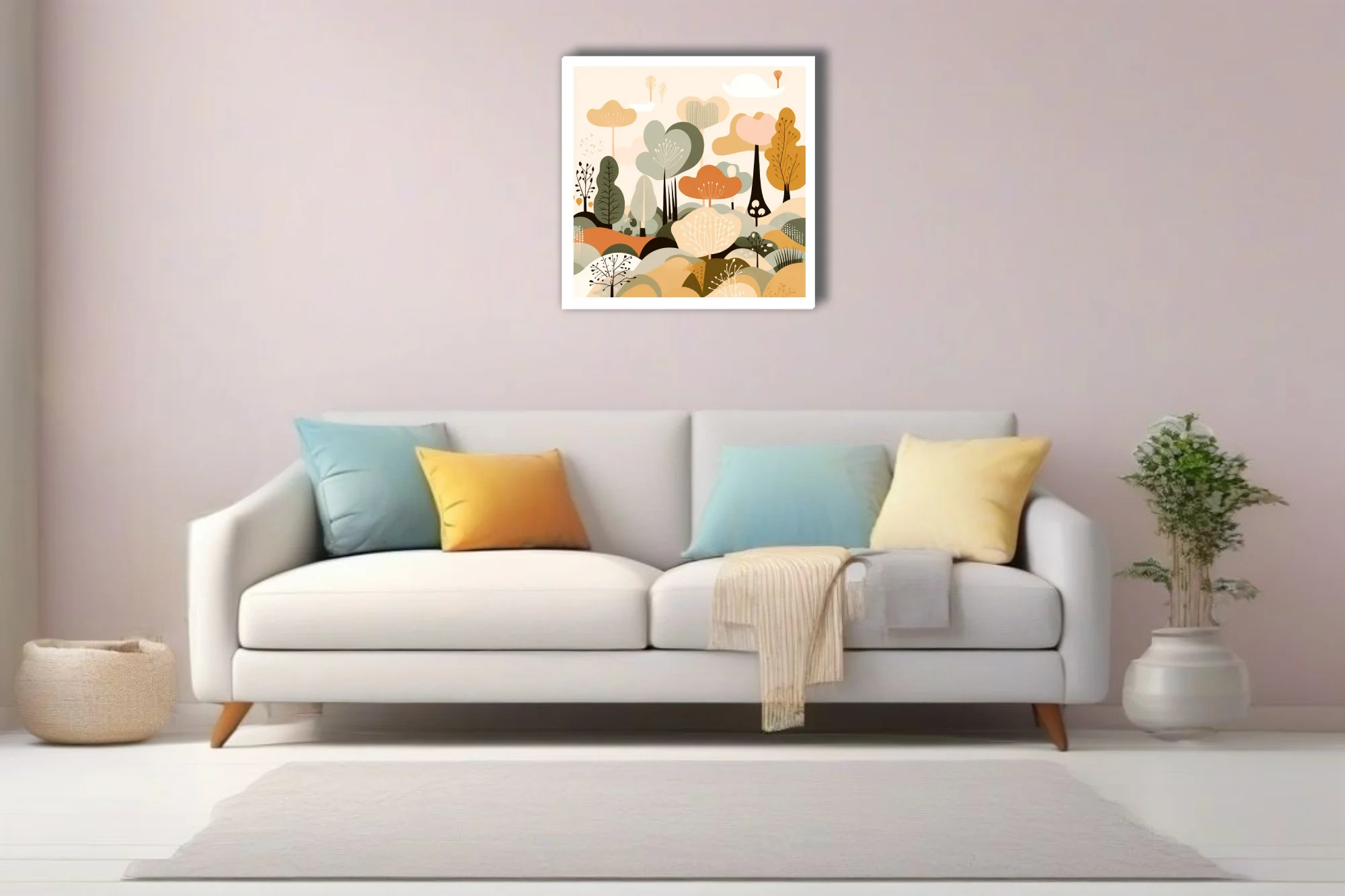 Boho abstract woodland illustration in sage, ochre, and terracotta tones