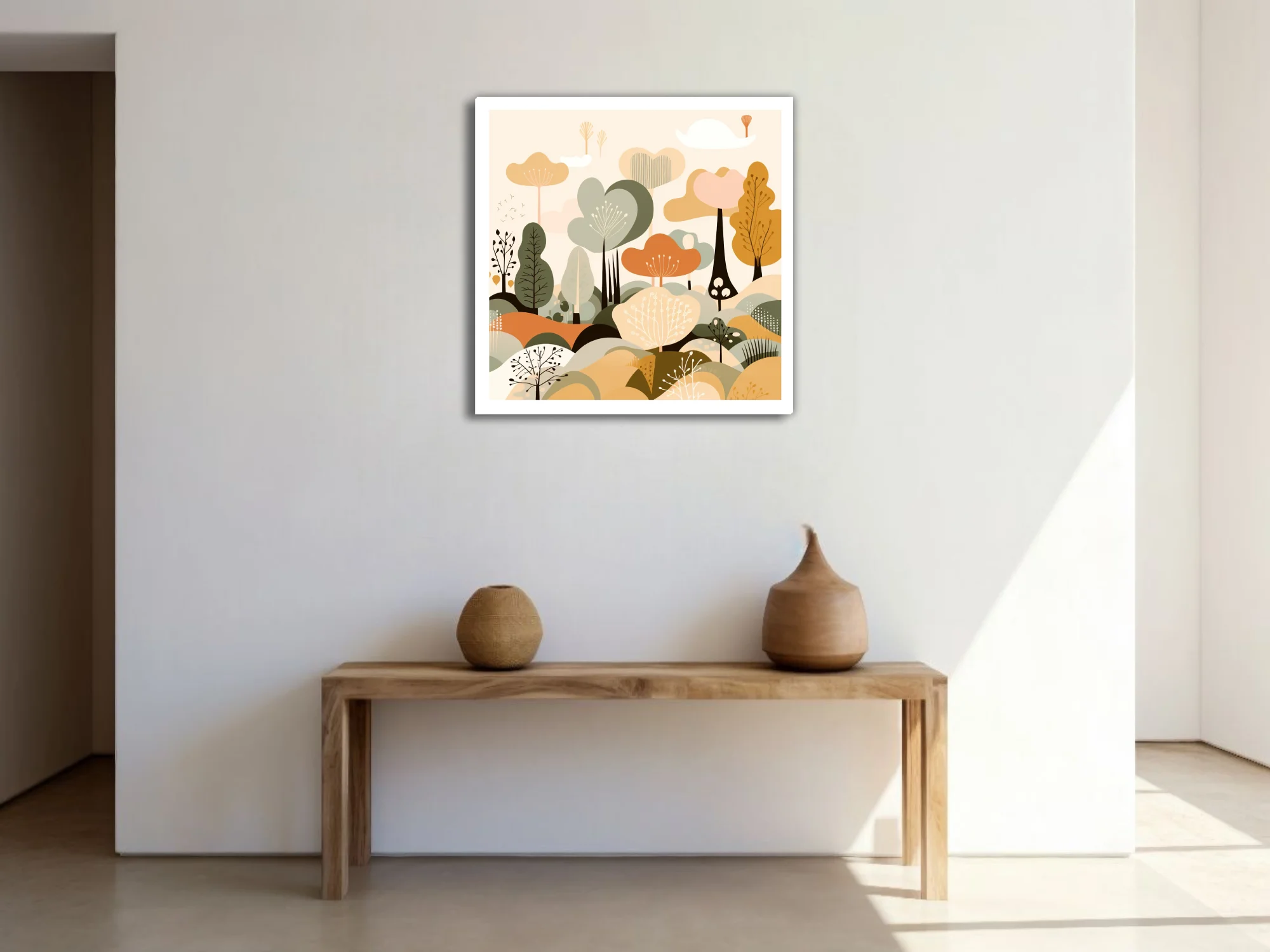 Boho abstract woodland illustration in sage, ochre, and terracotta tones