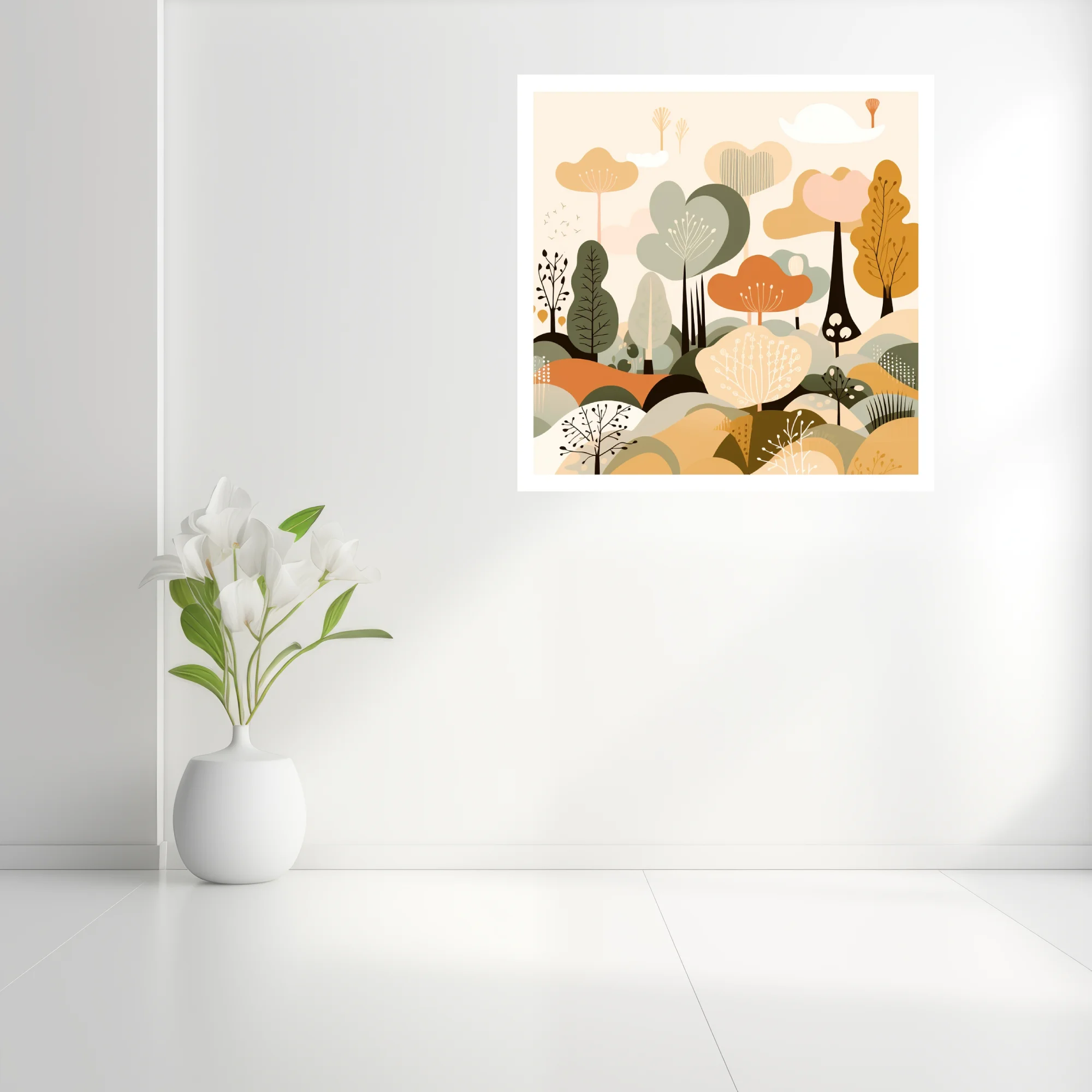 Boho abstract woodland illustration in sage, ochre, and terracotta tones