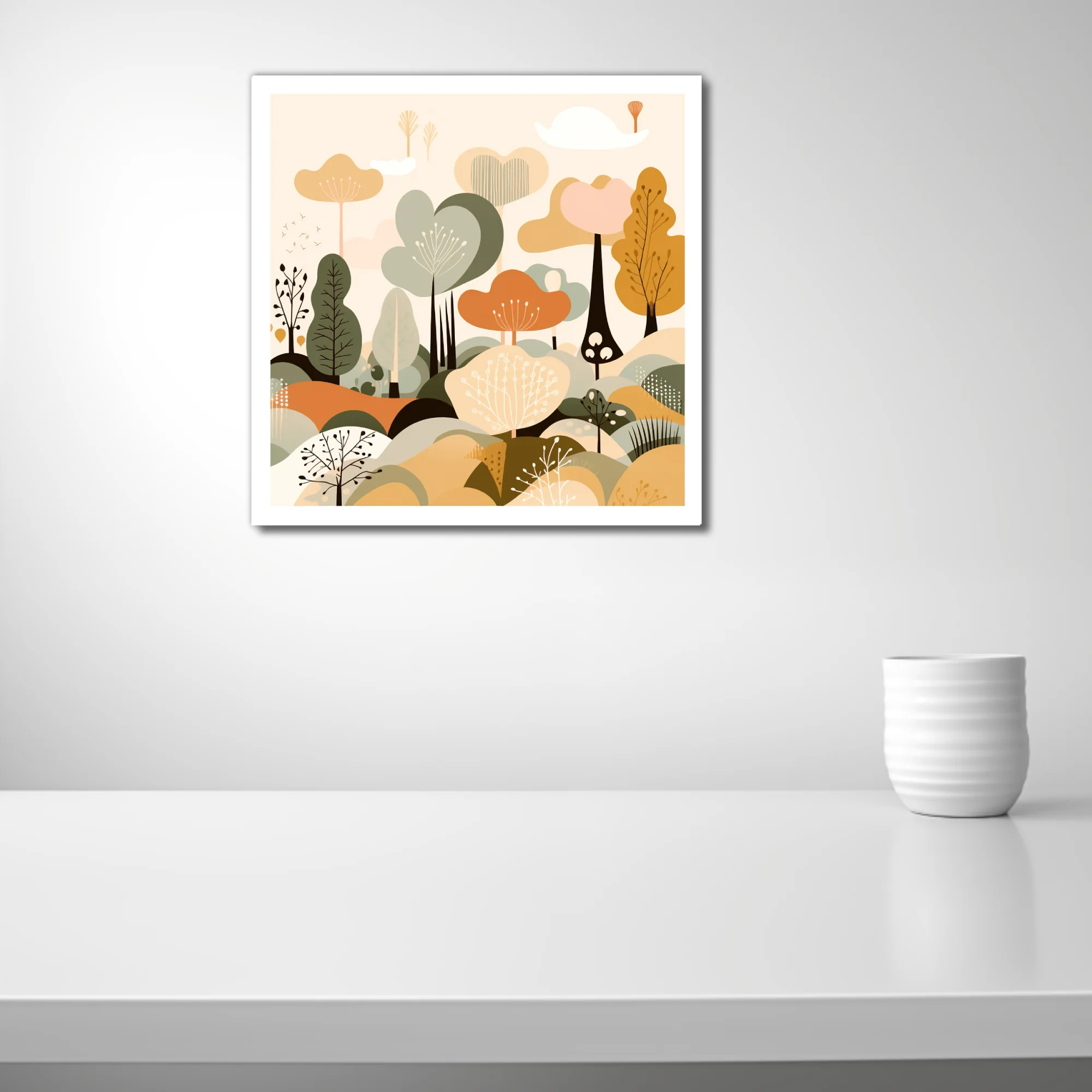 Boho abstract woodland illustration in sage, ochre, and terracotta tones