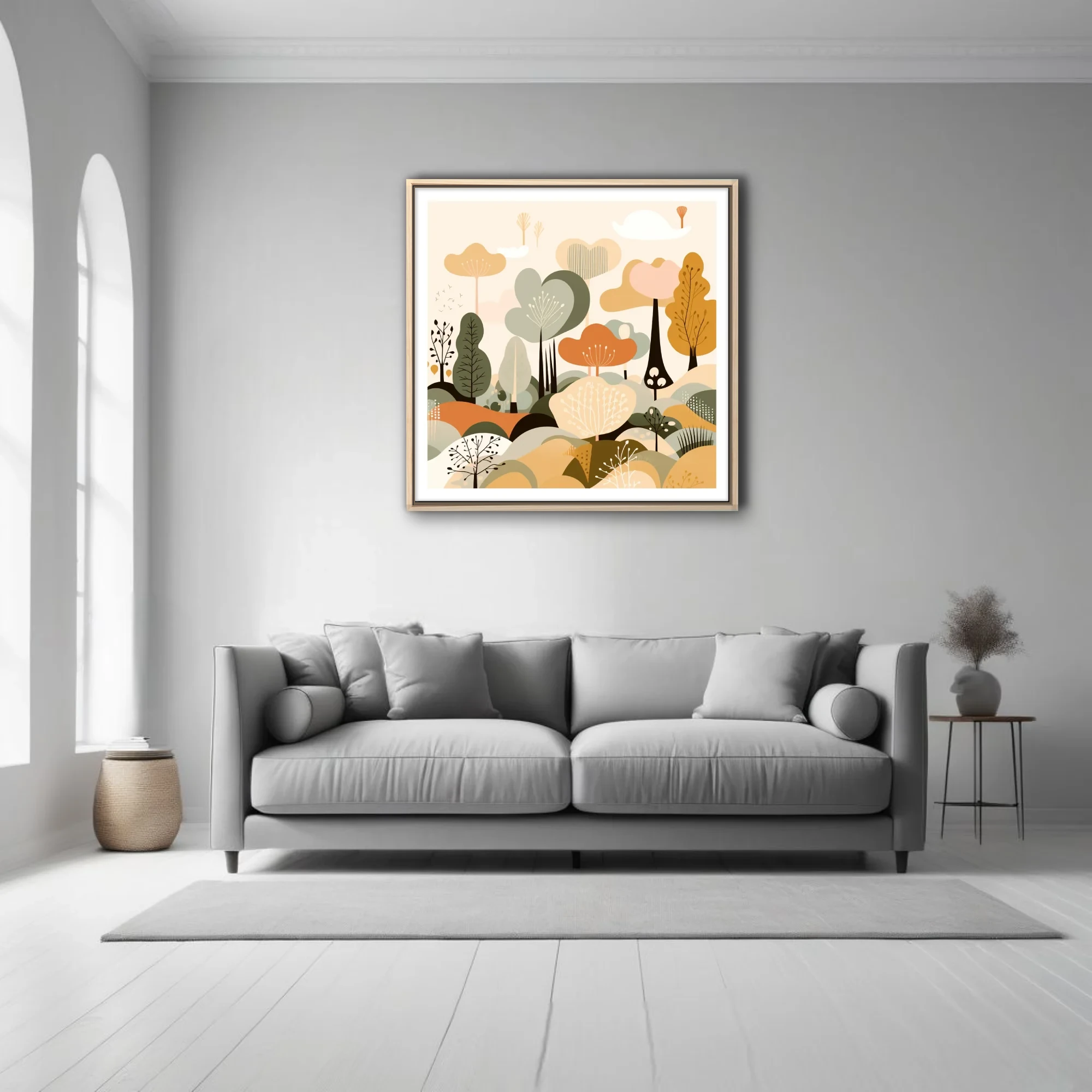 Boho abstract woodland illustration in sage, ochre, and terracotta tones