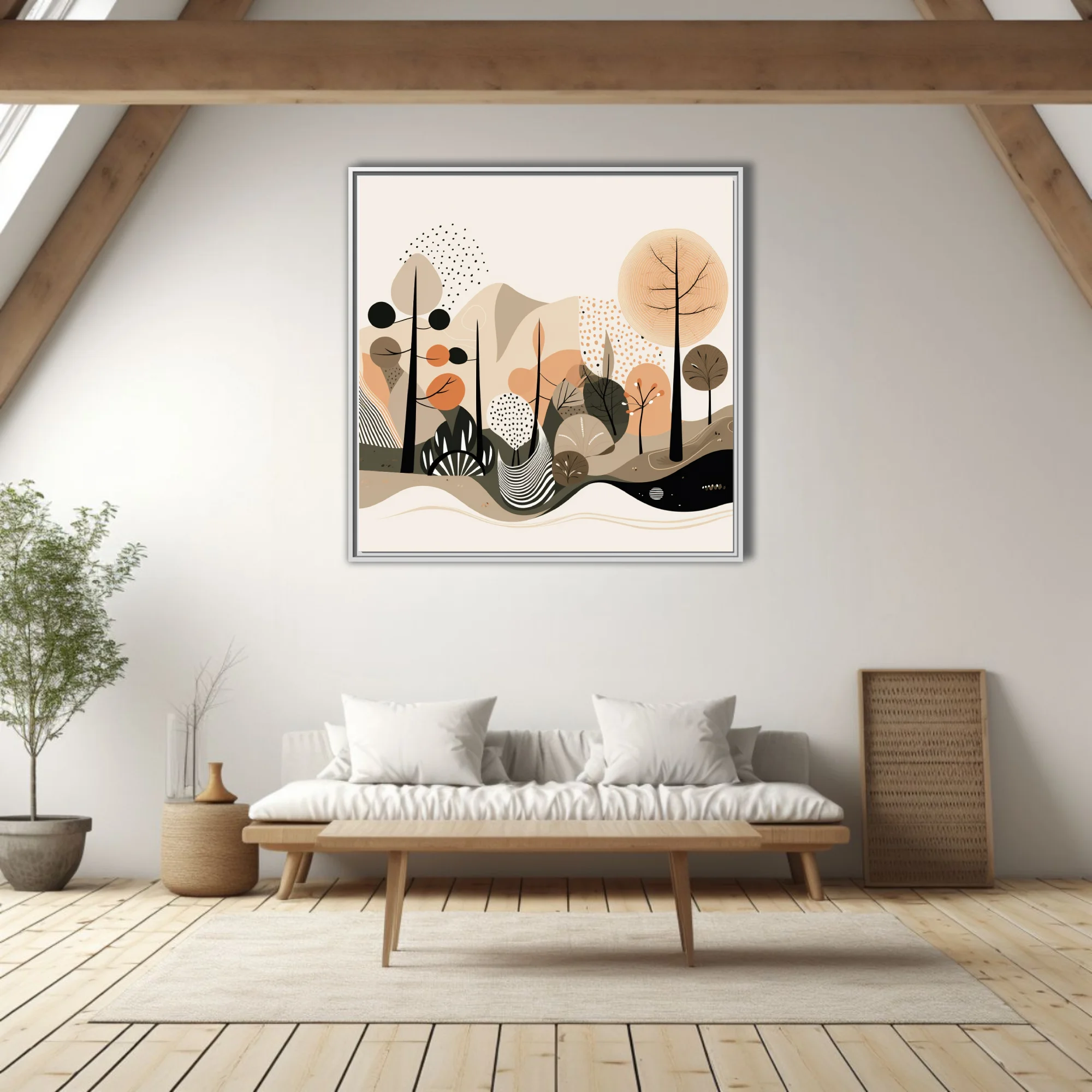 Boho abstract woodland illustration in earthy terracotta, sand, and olive tones