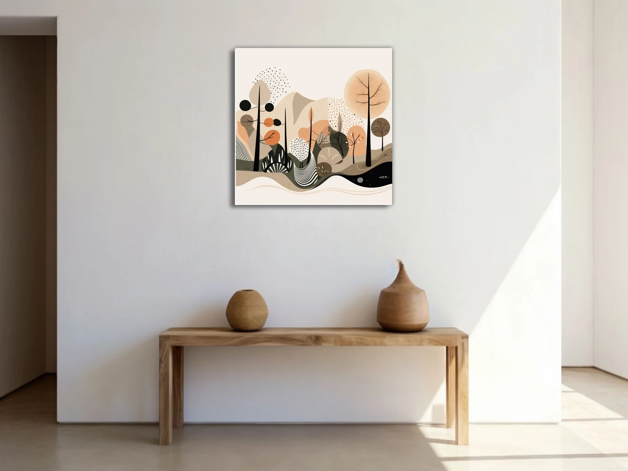Boho abstract woodland illustration in earthy terracotta, sand, and olive tones