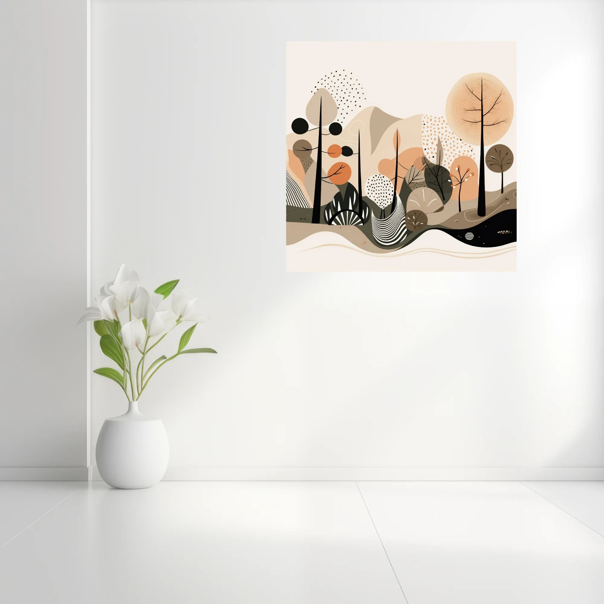 Boho abstract woodland illustration in earthy terracotta, sand, and olive tones