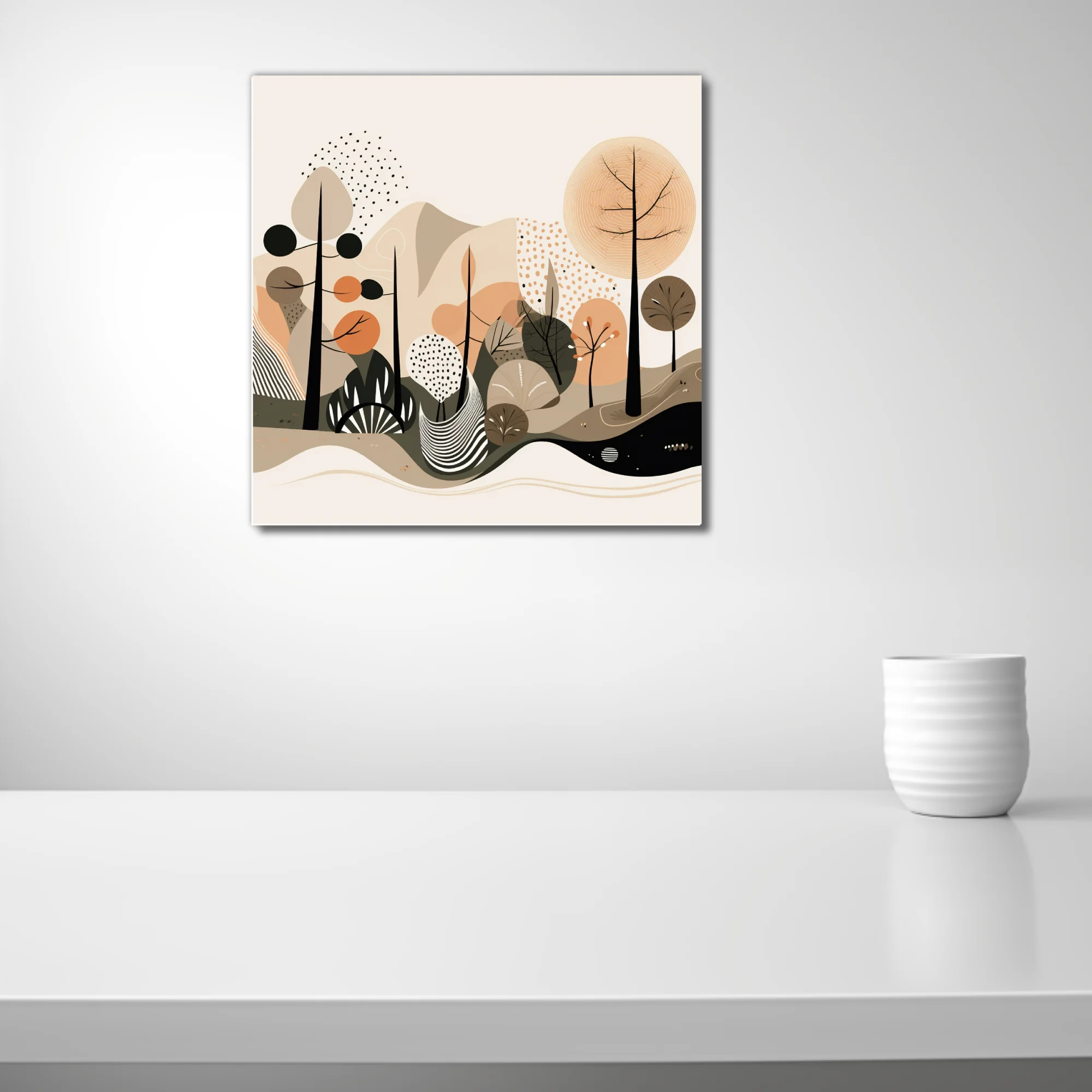 Boho abstract woodland illustration in earthy terracotta, sand, and olive tones