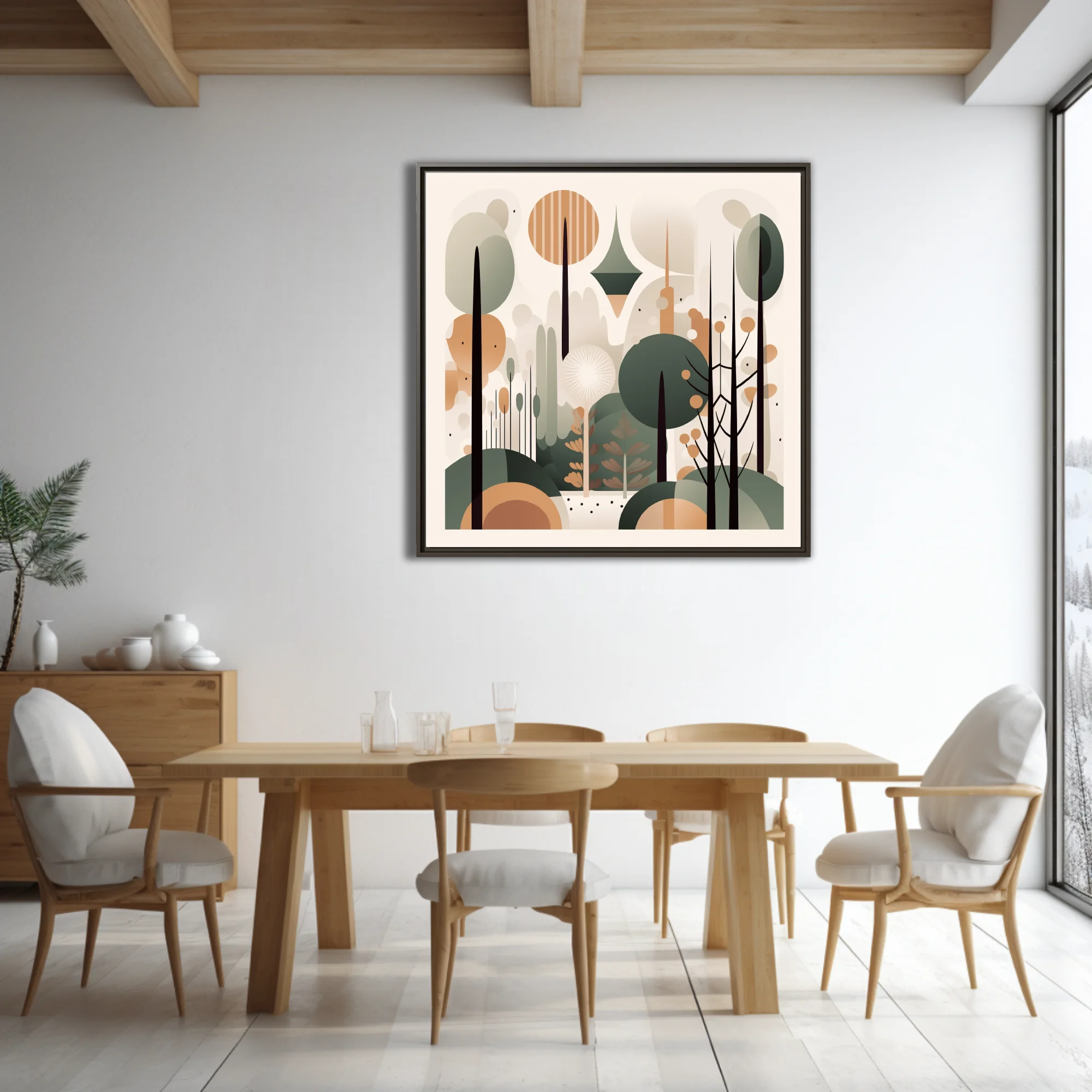 Mid-century modern abstract forest illustration in sage green, terracotta and cream tones