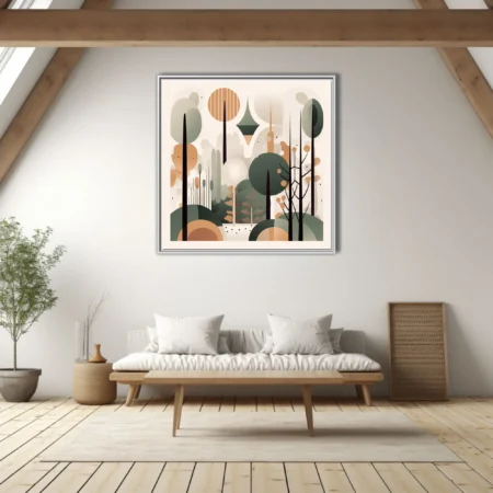 Mid-century modern abstract forest illustration in sage green, terracotta and cream tones