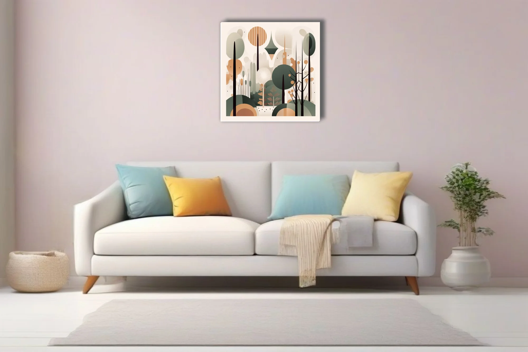 Mid-century modern abstract forest illustration in sage green, terracotta and cream tones