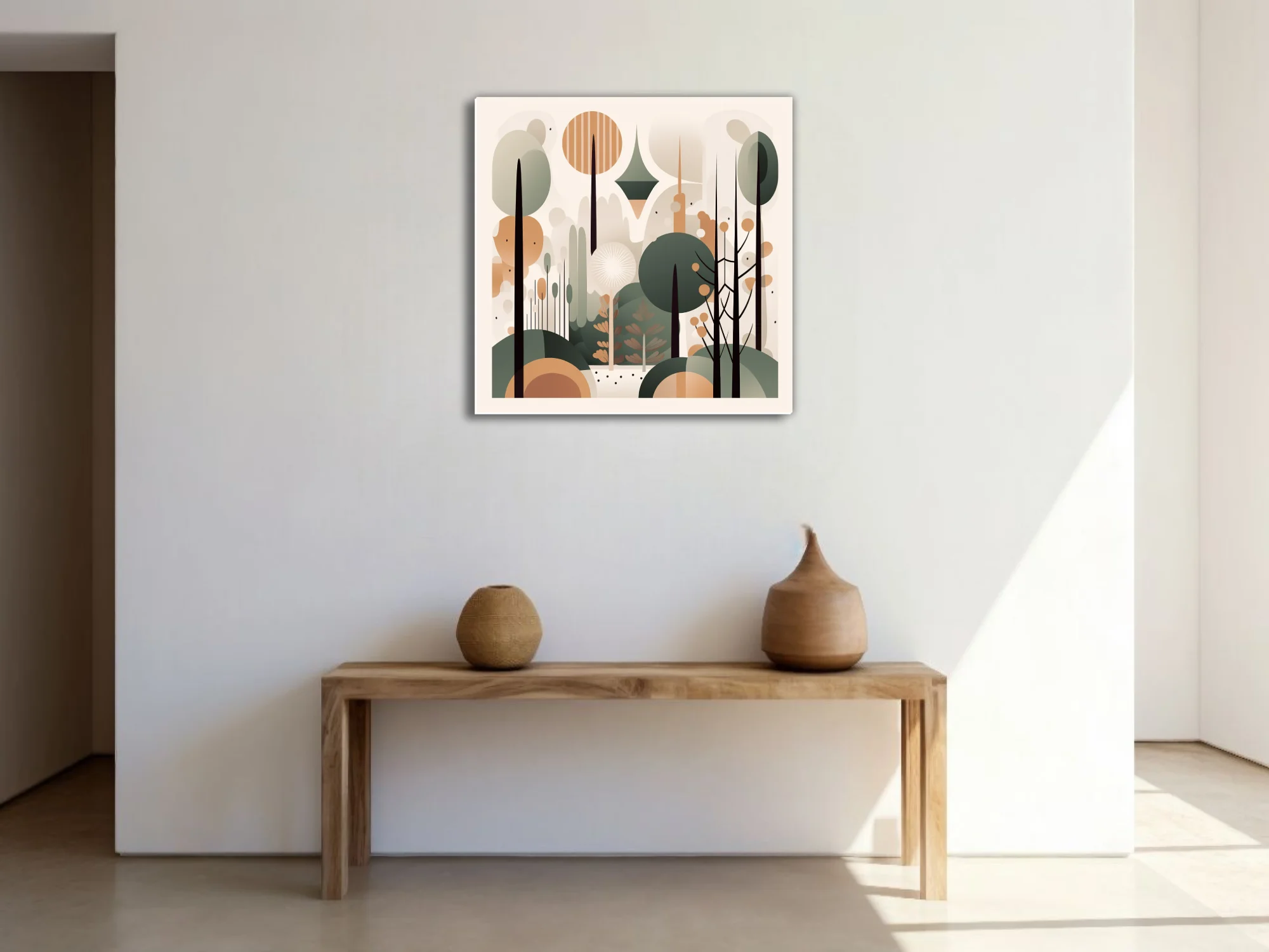 Mid-century modern abstract forest illustration in sage green, terracotta and cream tones