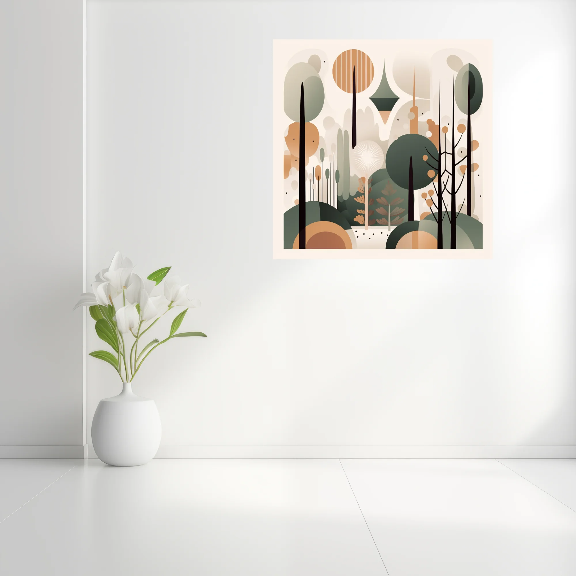Mid-century modern abstract forest illustration in sage green, terracotta and cream tones